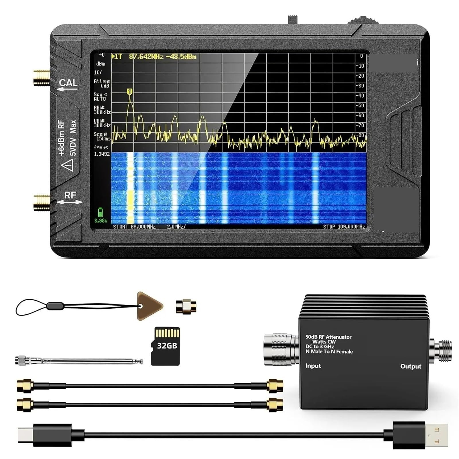 Analizzatore di spettro ultra 4.0" 100kHz a 5.3GHz frequenza minuscolo Generatore segnale 2 in 1 Ingresso MF/HF/VHF UHF,Misurazioni di precisione