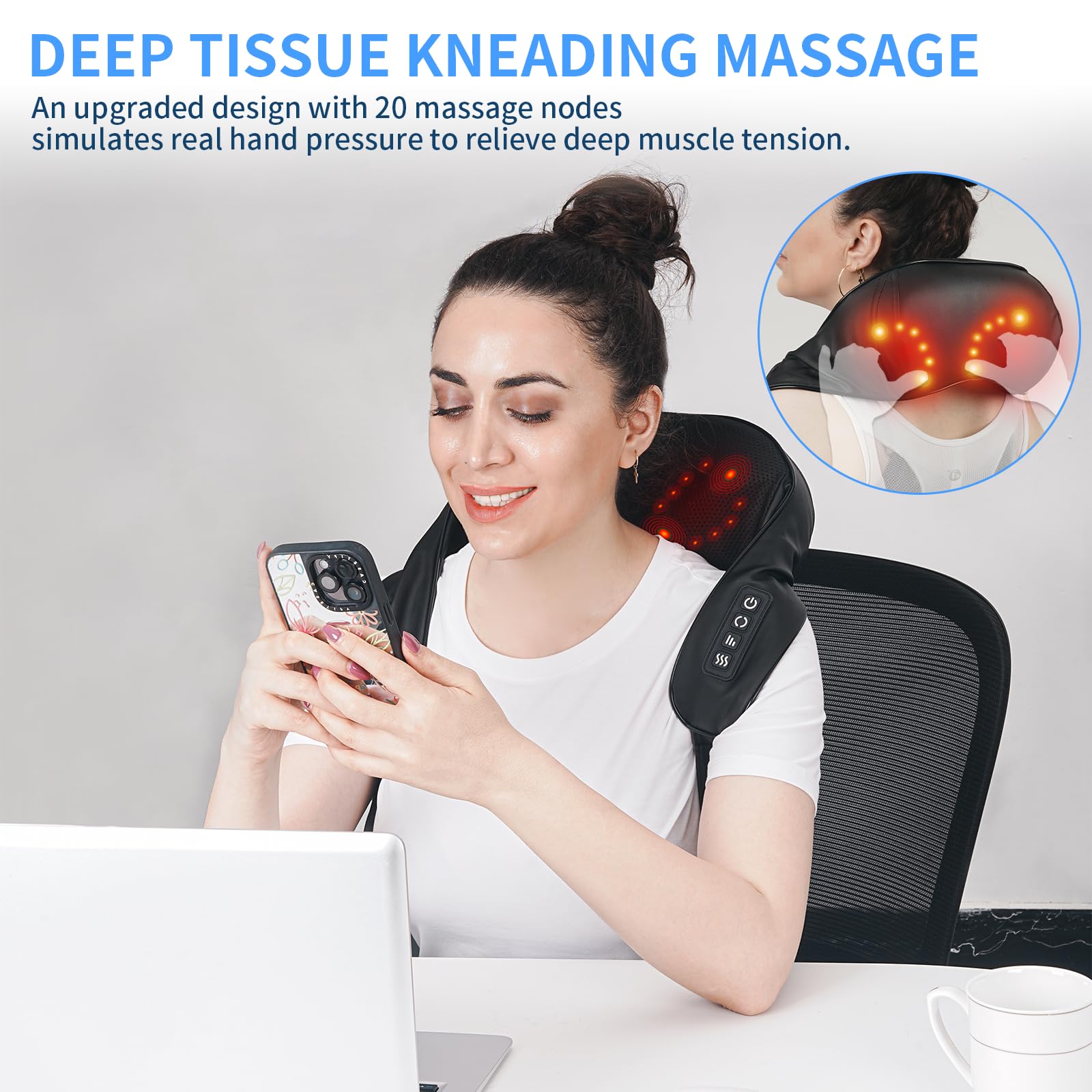 TISSCARE Massageur Shiatsu Nuque avec Chaleur pour Douleur, Massage 3D Kneading pour Dos, Épaules, Jambes, Prise pour Maison, Bureau, Voiture, Cadeau Femmes & Hommes