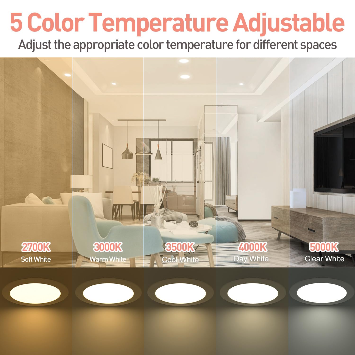 wahliwahli 2 Pack 6 Inch Ultra-Thin 5CCT LED Recessed Ceiling Light with Junction Box, 2700K/3000K/3500K/4000K/5000K Selectable, 12W, 110W Eqv, Dimmable Canless Wafer Downlight, 1050LM Brightness