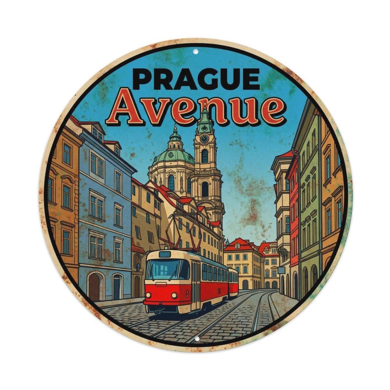 Yrnq 8X8inch Vintage Style Vintage Travel Prague Czechia Street Metal Tin Sign