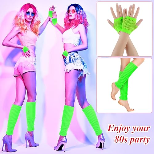 Miniatura 5 de Yolev Juego de calentadores de piernas y guantes de red de neón de los años 80, accesorio de disfraz elástico para accesorios de disfraces de fiesta