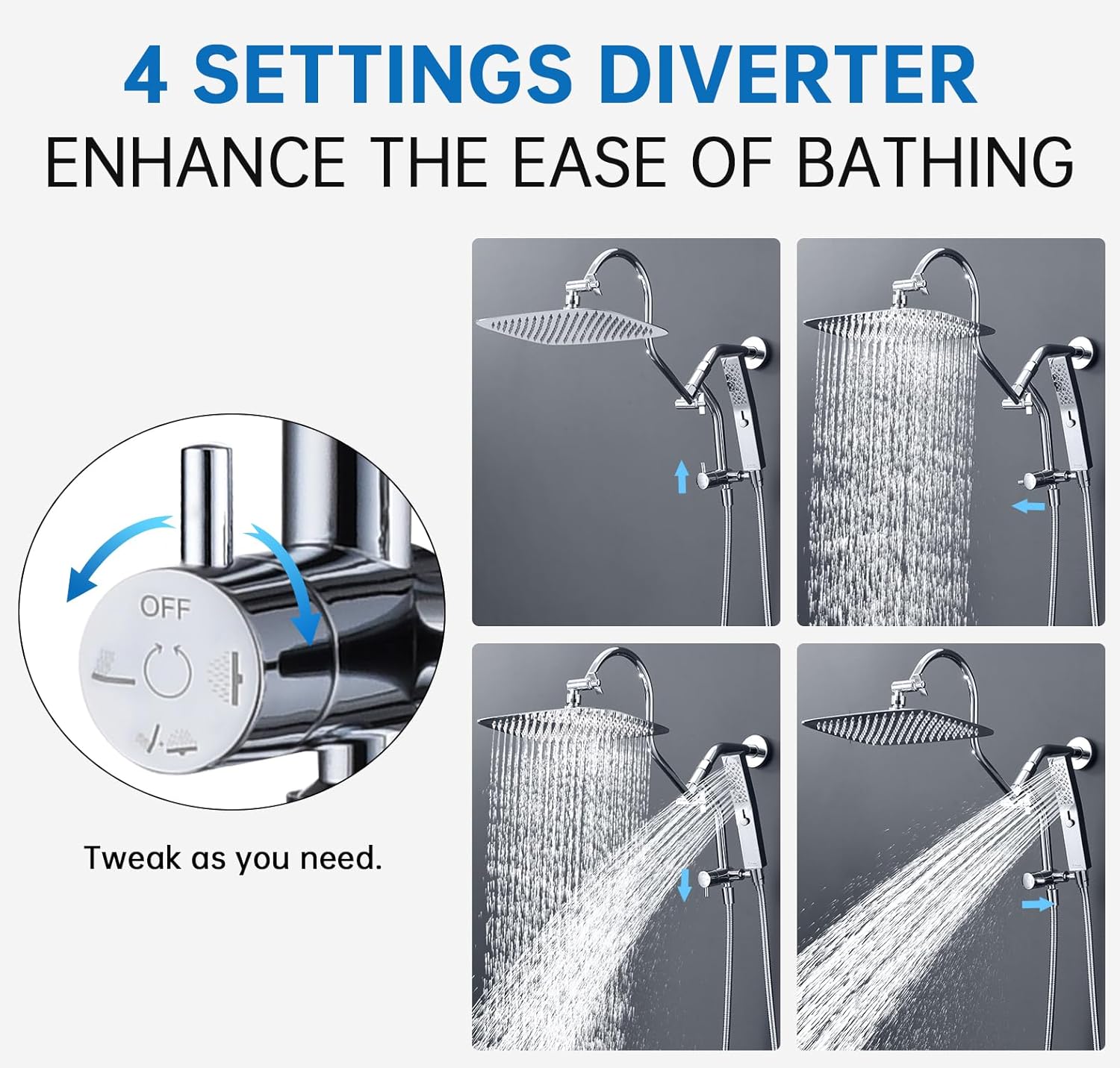 G-Promise All Metal Shower Diverter with Low Handheld Holder and 13 Inch Curved Adjustable Extension Arm, 100 Inch Stainless Steel Long Shower Hose