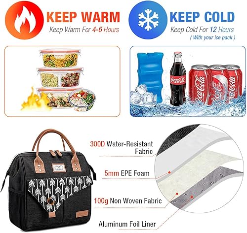 Miniatura 3 de Lekesky - Bolsa de almuerzo para mujer con aislamiento a prueba de fugas amplia y abierta lonchera reutilizable bolsa enfriadora para el almuerzo