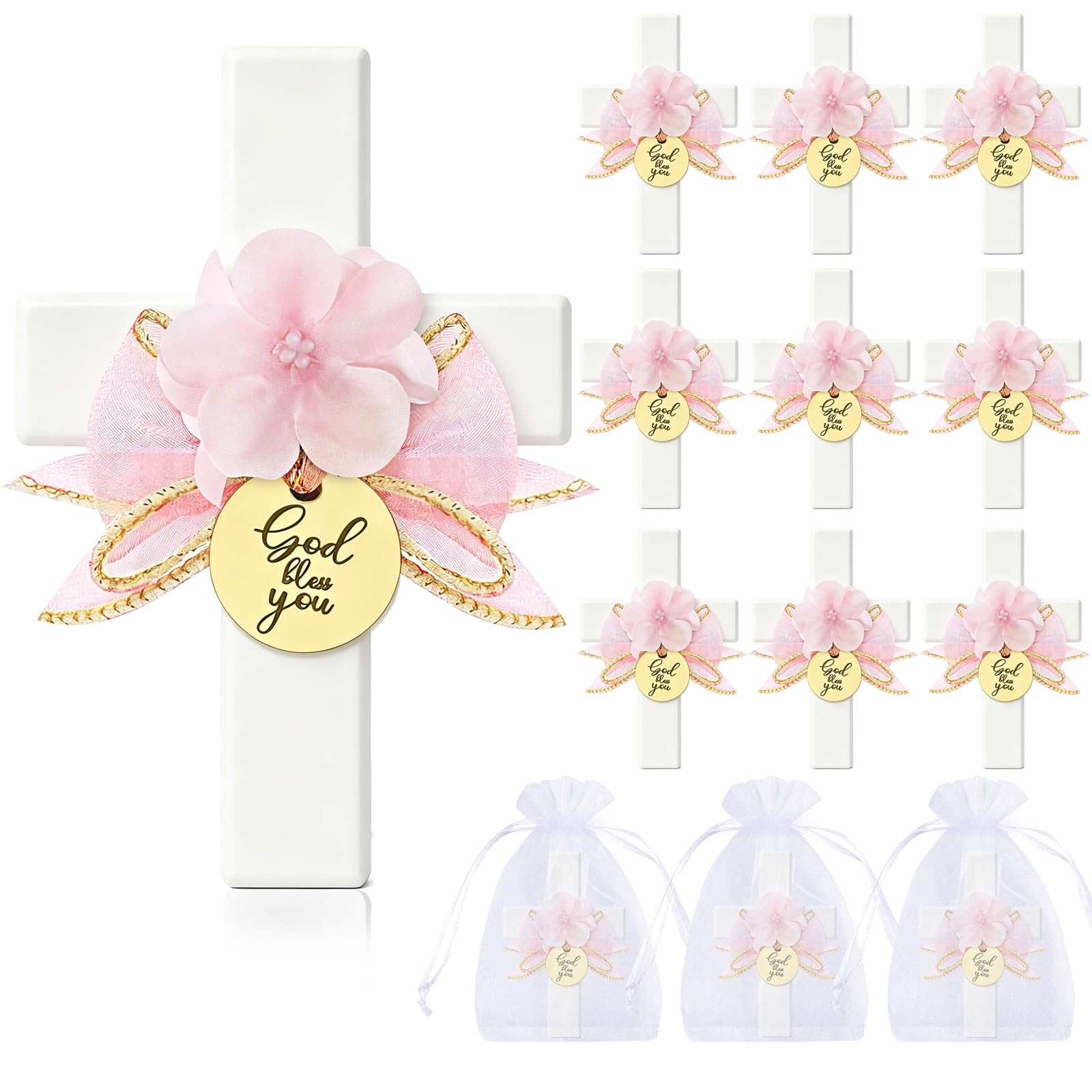 Cruz de madera con flores para decorar la comunión de niños, imán de bautizo para invitados