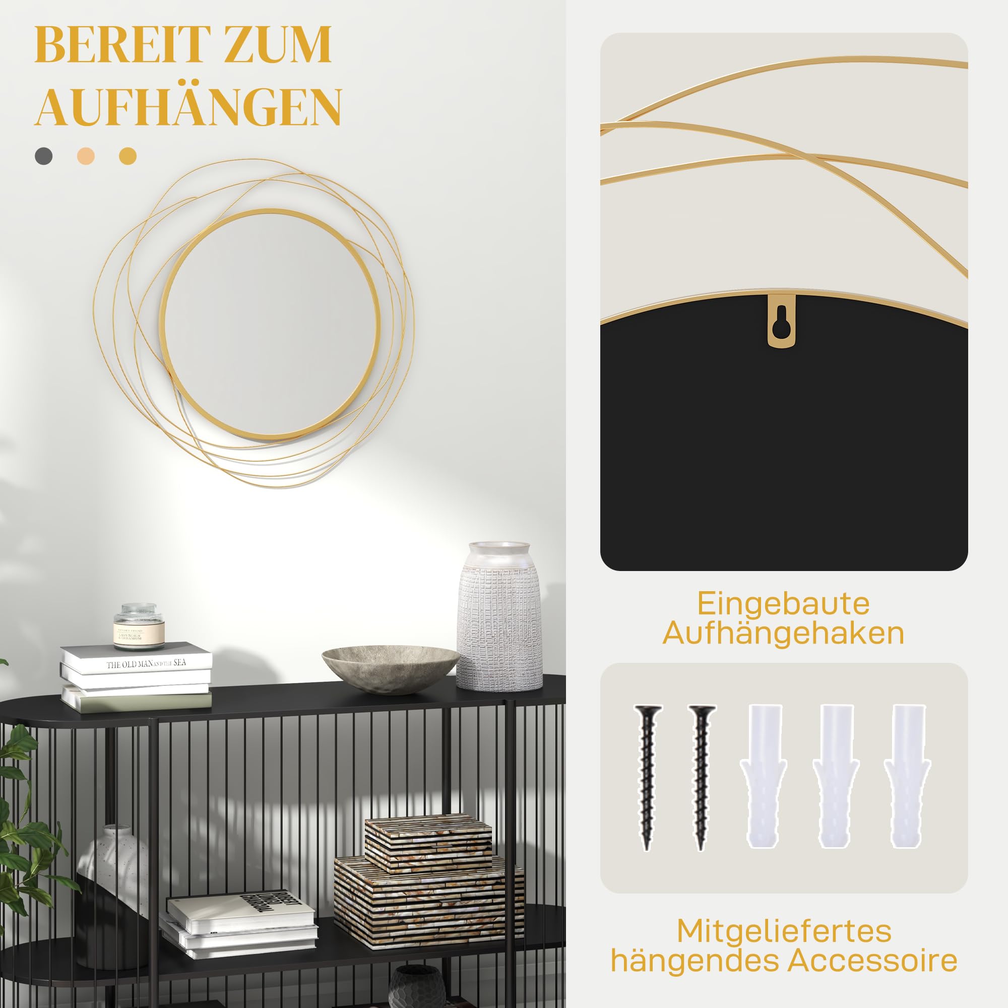 HOMCOM Wandspiegel, Ø65 cm Wandschmuck mit Spiegel, Metallrahmen, Flurspiegel, Wandkunstwerk für Wohnzimmer, Schlafzimmer, Gold