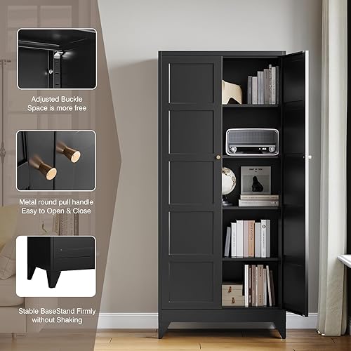 Miniatura 6 de Yizosh - Gabinete de almacenamiento de metal con 2 puertas y 4 estantes ajustables - Gabinete de almacenamiento de cocina de 71 pulgadas color Negro