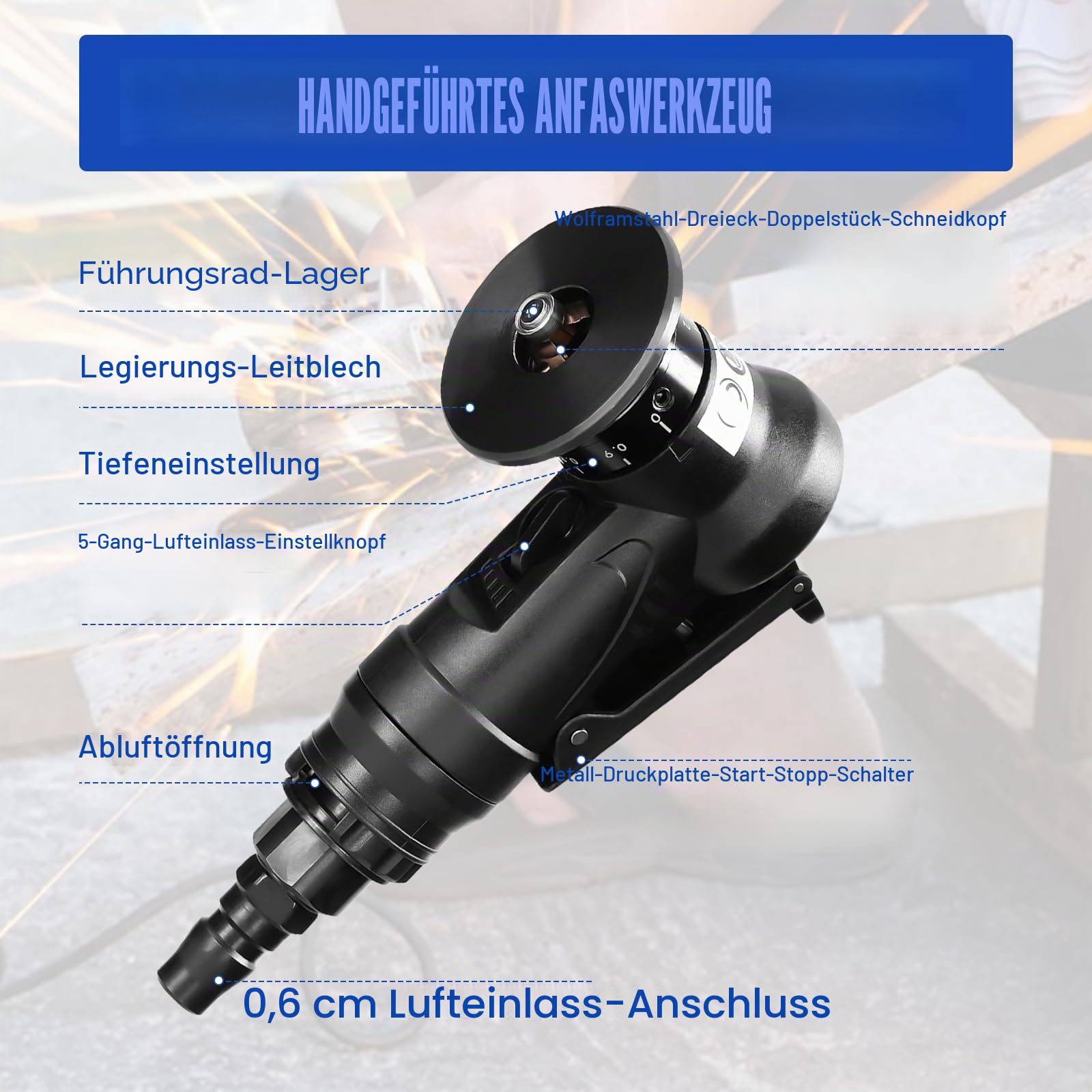Pneumatische Anfasmaschine 2-in-1 Mini Luftfasenwerkzeug Pneumatisches Anfaswerkzeug Handheld 30000RPM 45° Bogenecke Mini Druckluft Fasenmaschine für Trimmen und Entgraten (C&R Winkelklingen)