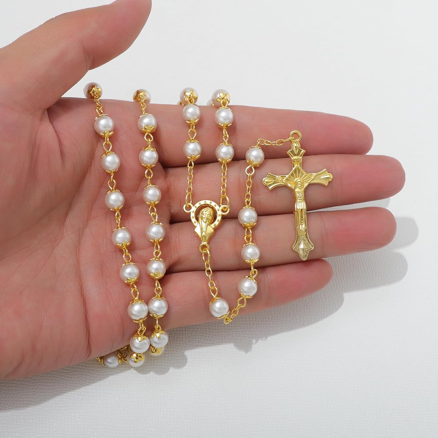 KOMI Catholic Rosary Beads for Women - Glass Pearl Beads Necklace with Saint Benedict Medal & Crucifix - Catolicos Rosary Gifts with Pouch - Image 3