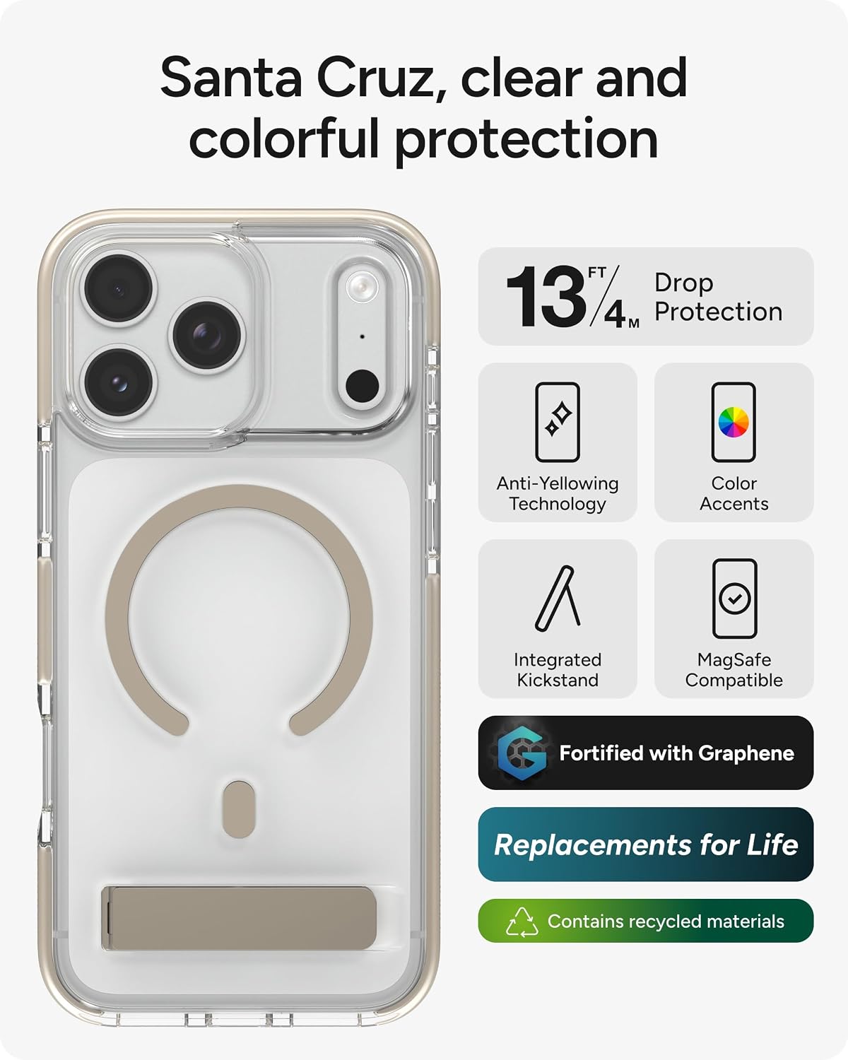 ZAGG Santa Cruz Snap Case with Kickstand for iPhone 17 Pro Max - Titanium, Drop Protection (13ft/4m), MagSafe Charging Compatible, ClearGuard Anti-Yellowing Technology, Scratch Resistant Phone Case