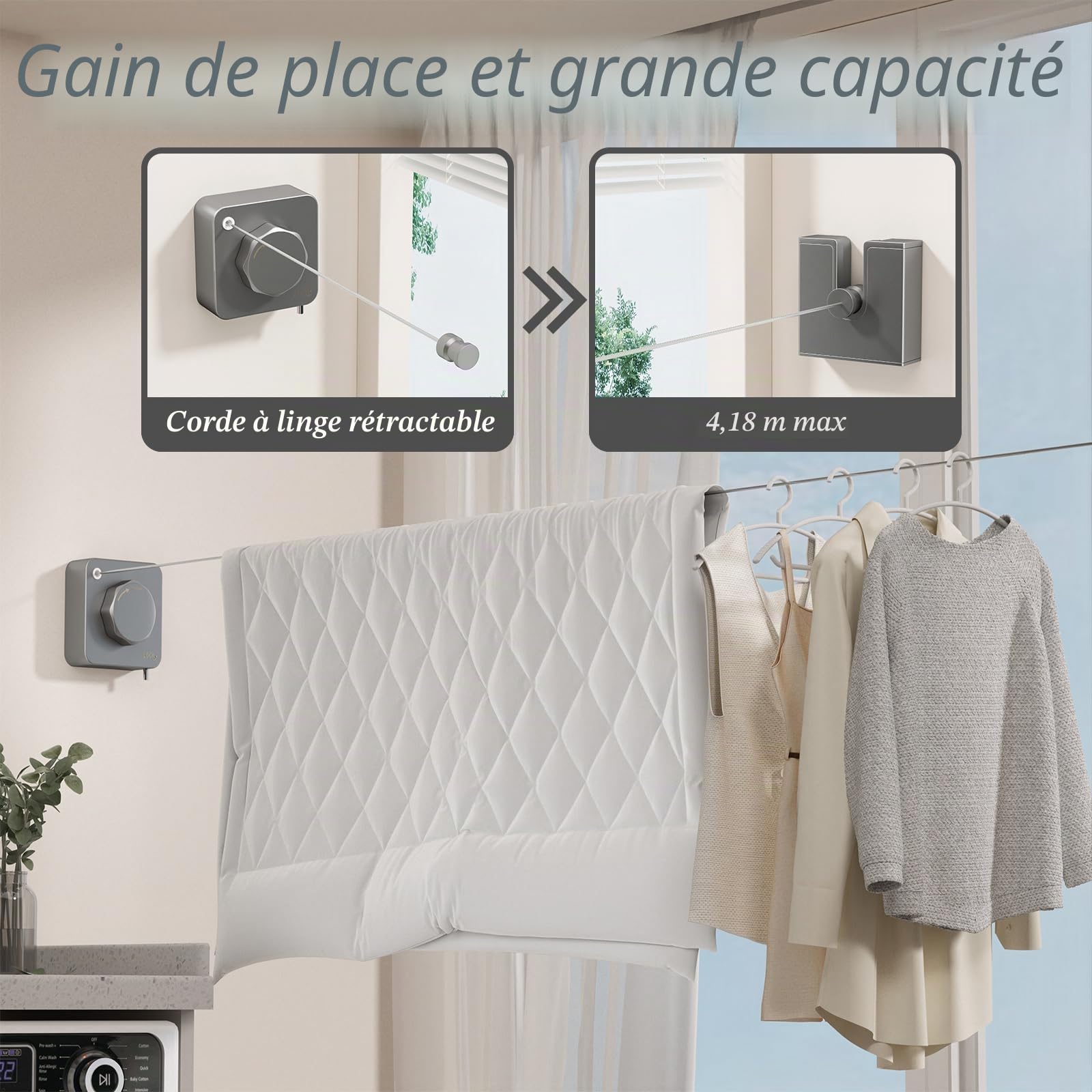 Séchoir Extensible INOX 4,2m - Anti-Affaissement & Auto-Rétractable - Support 20kg - Installation Murale (Salle de Bain/Balcon/Buanderie) -Gris