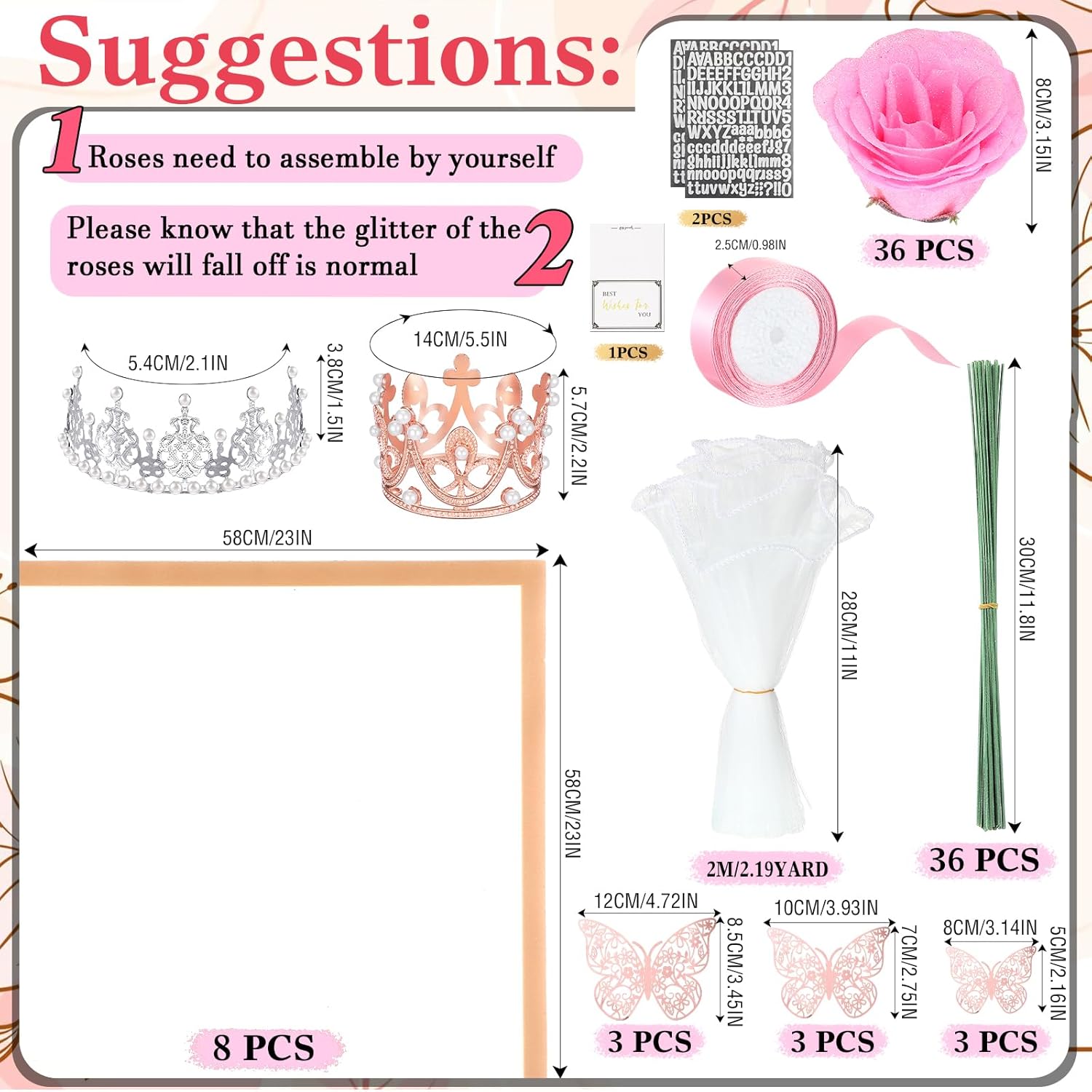 36 Pcs Valentines Glitter Roses Bouquet Gifts Artificial Rose DIY Flower Bouquet Kit Birthday Gifts Flower Wrapping Paper 3D Butterflies Crowns for Anniversary (Pink) - Image 7