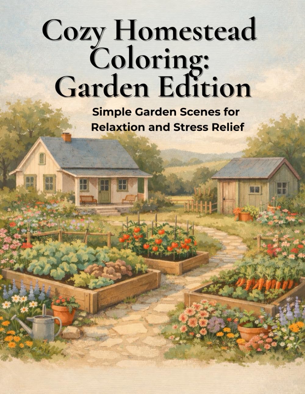 Cozy Homestead Coloring: Garden Edition: Simple Garden Scenes for Relaxation and Stress Relief