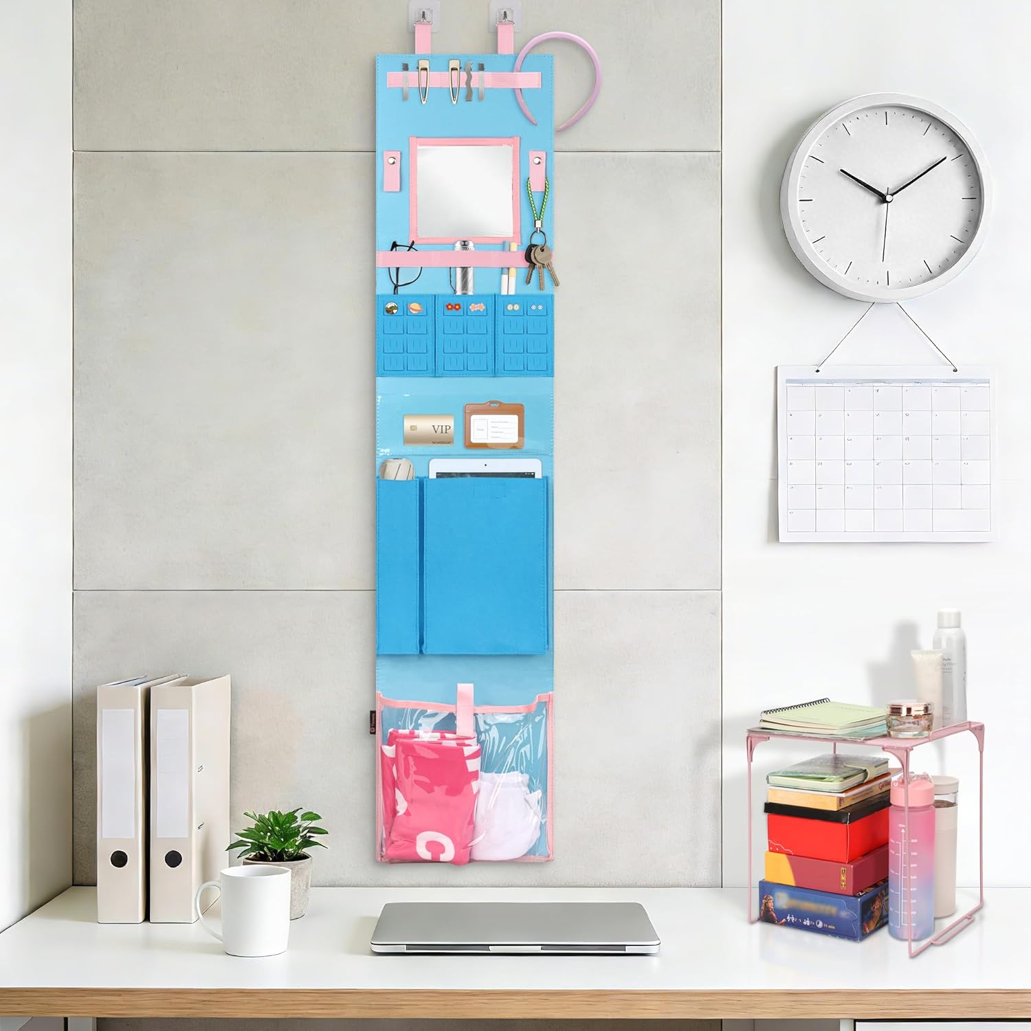 Locker Organizer Set with Locker Shelf, Back to Gym, Office, School Essentials Locker Decoration for Girls Boys (Blue + Pink Locker Shelf)