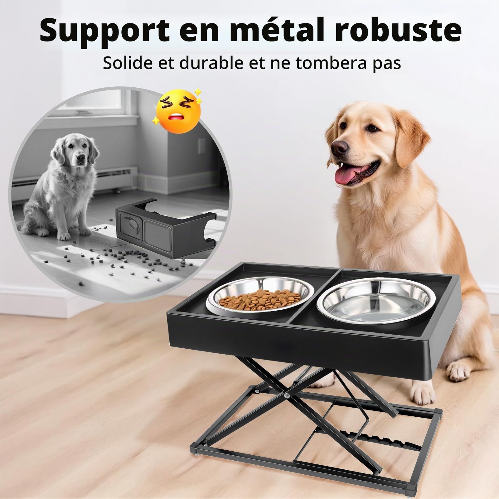 Joytale Support Métallique Réglable pour Gamelle Chien Surélevée (22-45cm) - Distributeur Lourd avec 2 Bols INOX, Station Anti-Dérapante et Anti-Renversement pour Chiens Moyens/Grands