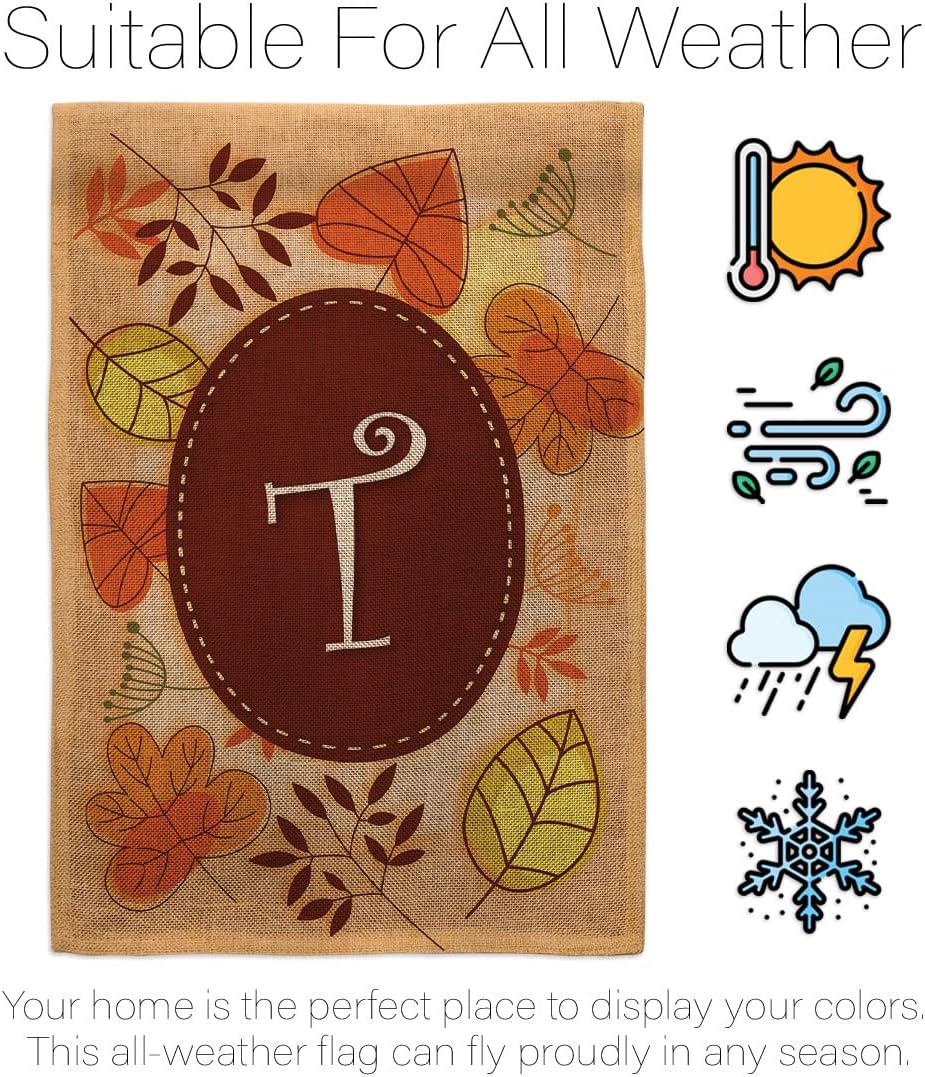 Autumn T Initial Garden Flag - Set Wall Holder Monogram Fall Harvest & Scarecrow Pumkins Sunflower Leaves Season Autumntime Gathering - House Banner Small Yard Gift Double-Sided 13 X 18.5