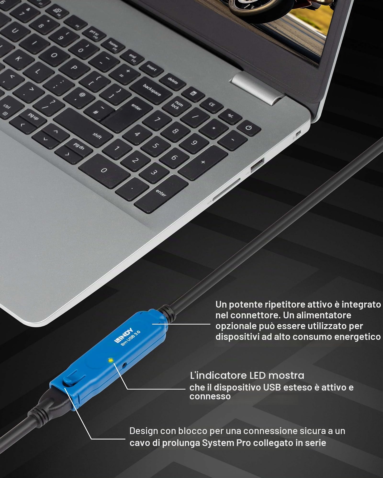 LINDY - Cavo Prolunga USB 3.0 Active Extension Pro 8 Metri, Connettore USB Tipo A Maschio a Femmina, Velocità di Trasferimento Dati Super Speed fino a 5 Gbps per Webcam, Stampanti, Lettori di Schede