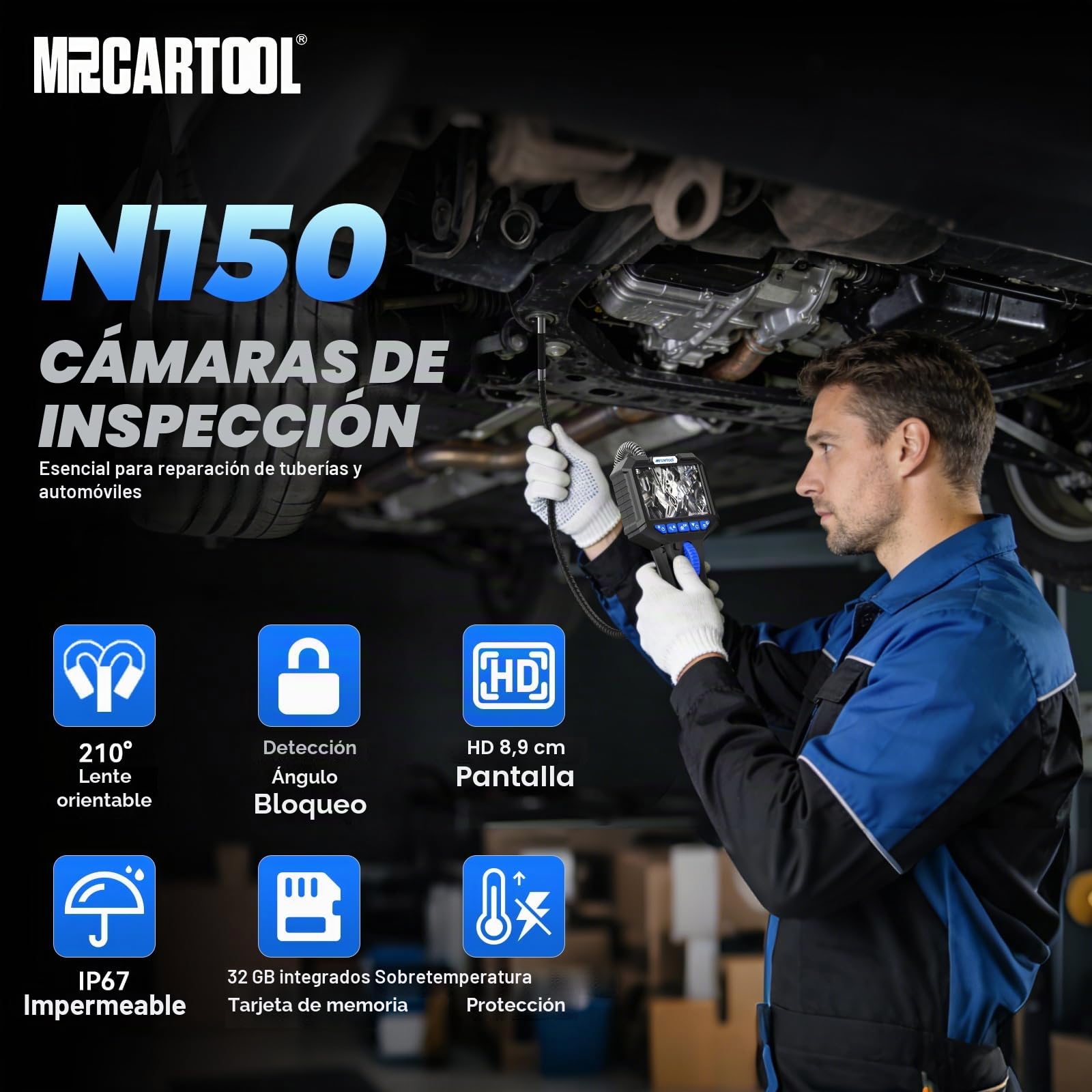 MRCARTOOL Endoscopio Industrial con Luz, 360° Giratorio Bloqueable Endoscopio Cámara de Inspección con 3.5" HD Pantalla, 6.2mm 1080P Cámara de Tubería, 32GB SD Card, 6 LED, IP67,1M Cable Semirrígido