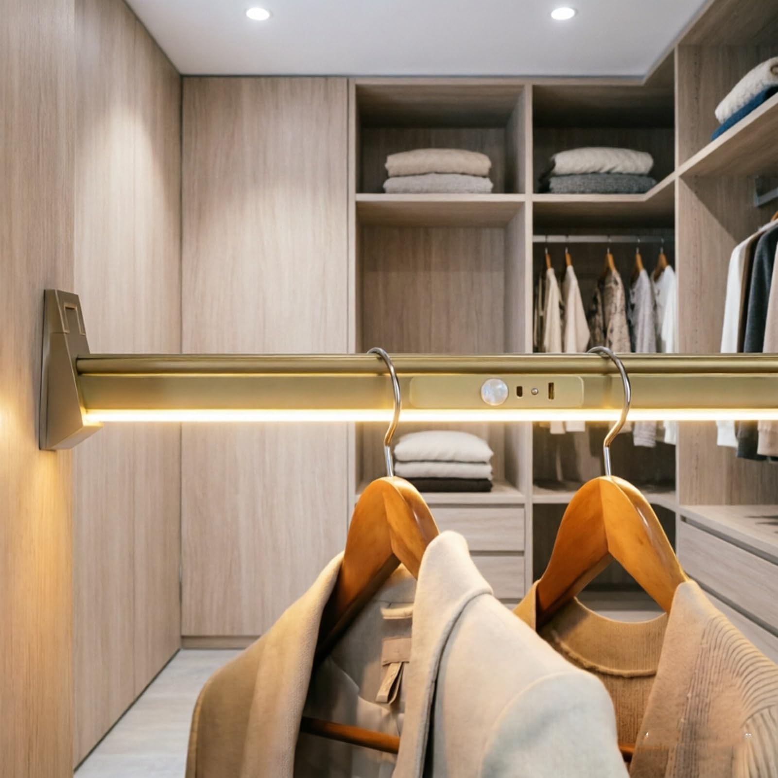 40-140cm Clothes Rail With LED Light, Clothes Rail Wardrobe Closet Rod With Light, LED Lights Built-in Lithium Battery Wardrobes Rods, Load 50kg(1100mm)