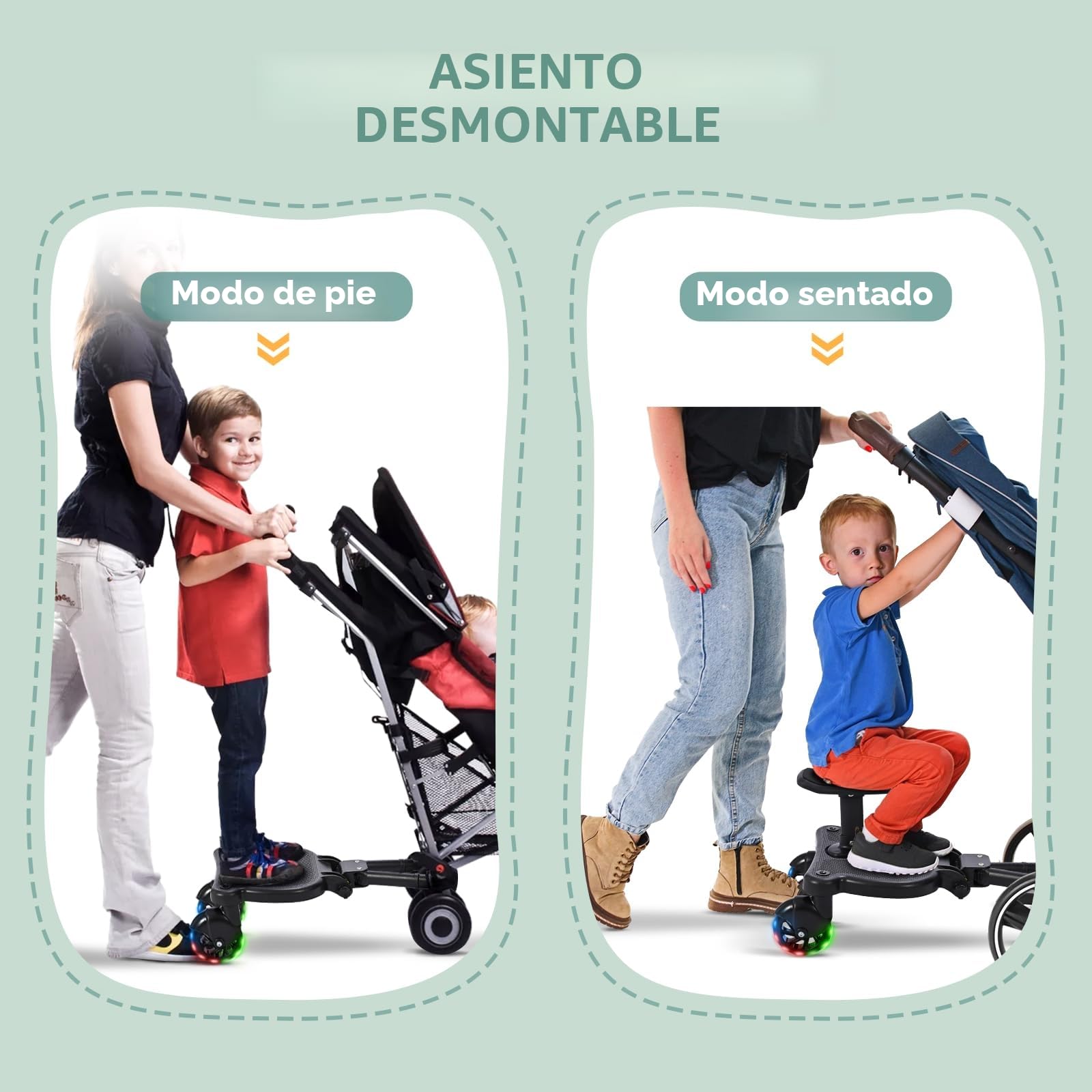 Patinete Carro Bebe Universal, Tabla para Cochecito con Asiento Estampado, Buggy Board con Ruedas Intermitentes, Compatible con Más del 99% de Los Cochecitos, Cargar 25KG