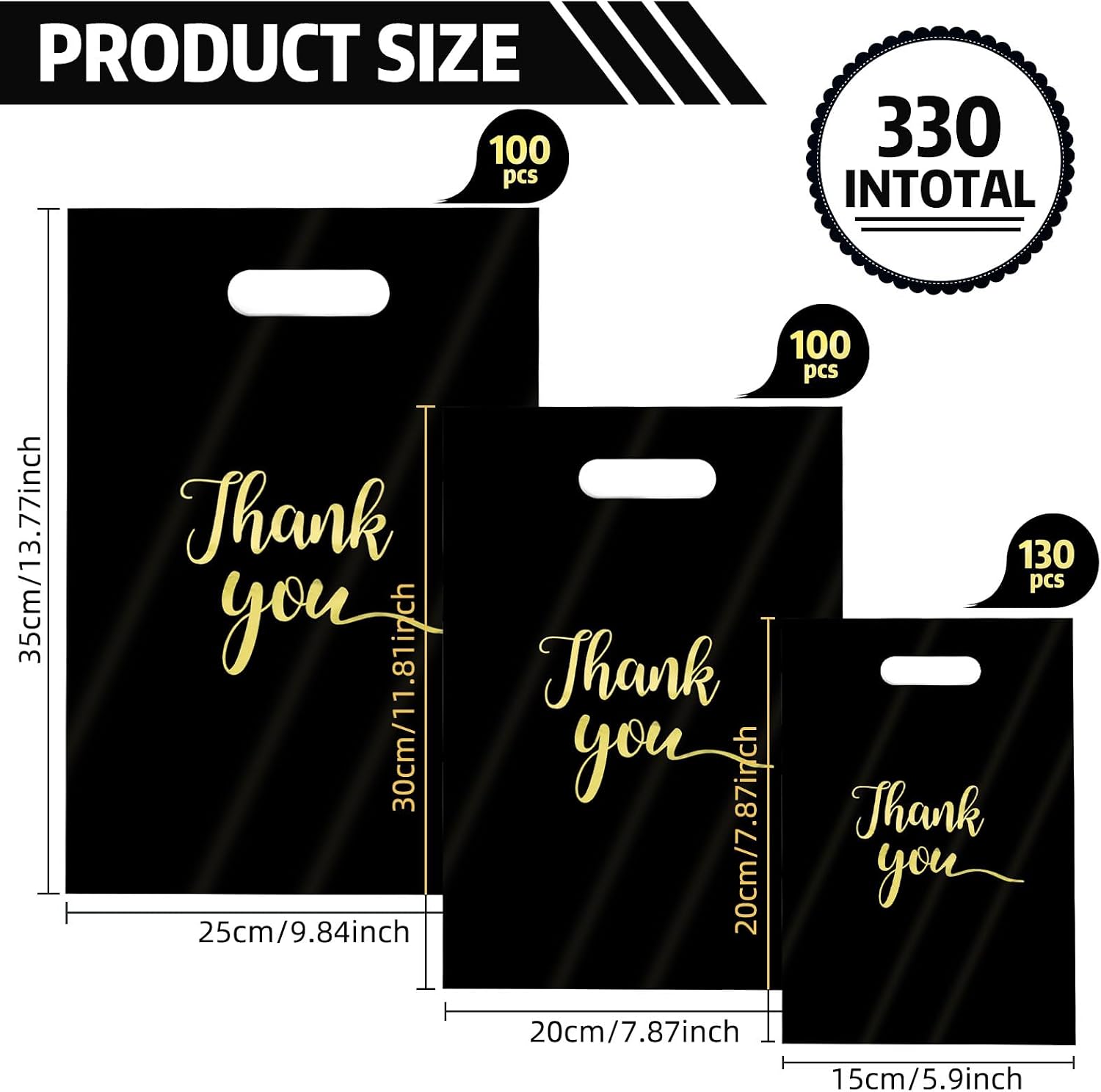 WhizToys 330Pcs Thank You Bags with Handles, 3 Sizes, Black | Retail Merchandise Bags for Small Business, Thank You Gift Boutique Goodie Sacks for Party, Birthday, Halloween, Grocery