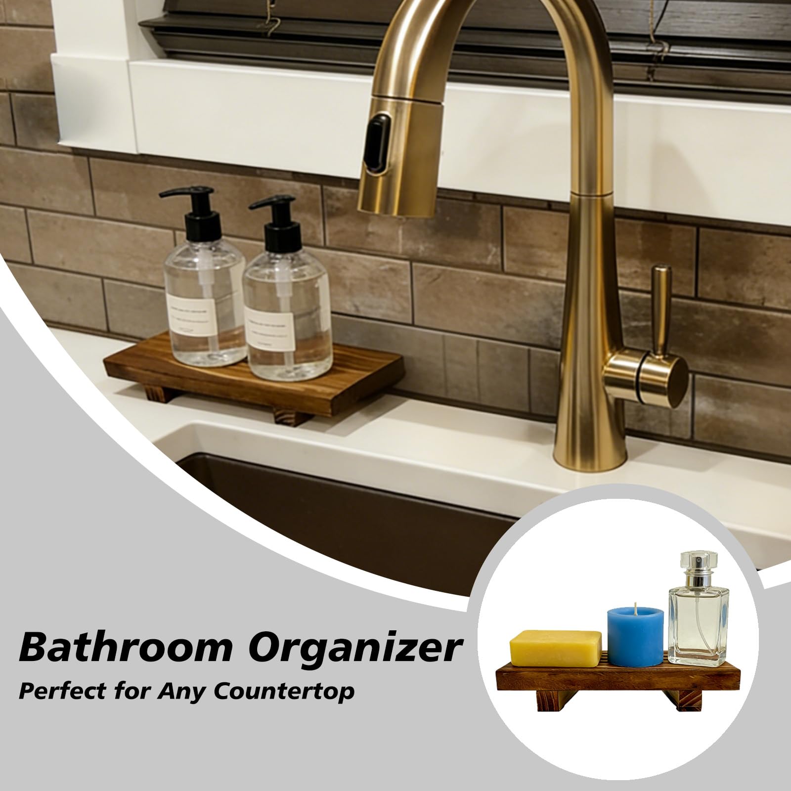 Wood Pedestal Soap Stand, 8.75 x3.5 Inches Soap Dish Holder, Wooden Riser for Bathroom & Kitchen Counter, Farmhouse Decor Rectangular Display Tray for Sink, Vanity, Countertop - 4