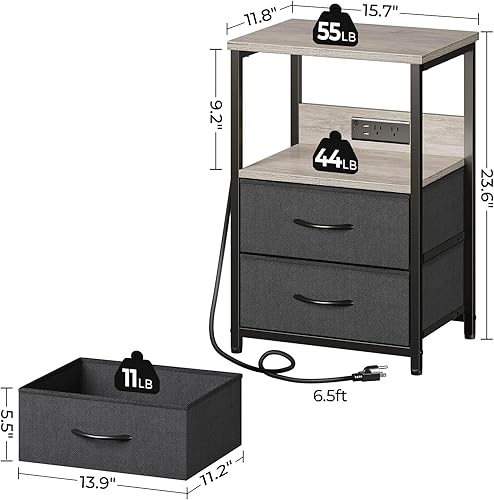 Miniatura 3 de Seventable Mesita de noche con estación de carga, mesita de noche con luces LED, mesita de noche con 2 cajones de tela, mesa auxiliar de