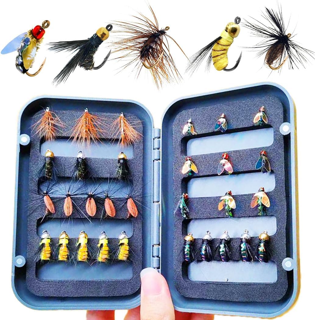 29Pcs/Box Fly Fishing Flies Kit Handmade Fly Fishing Gear with Dry/Wet Flies, Streamers, Fly Assortment Trout Bass Fishing with Fly Box