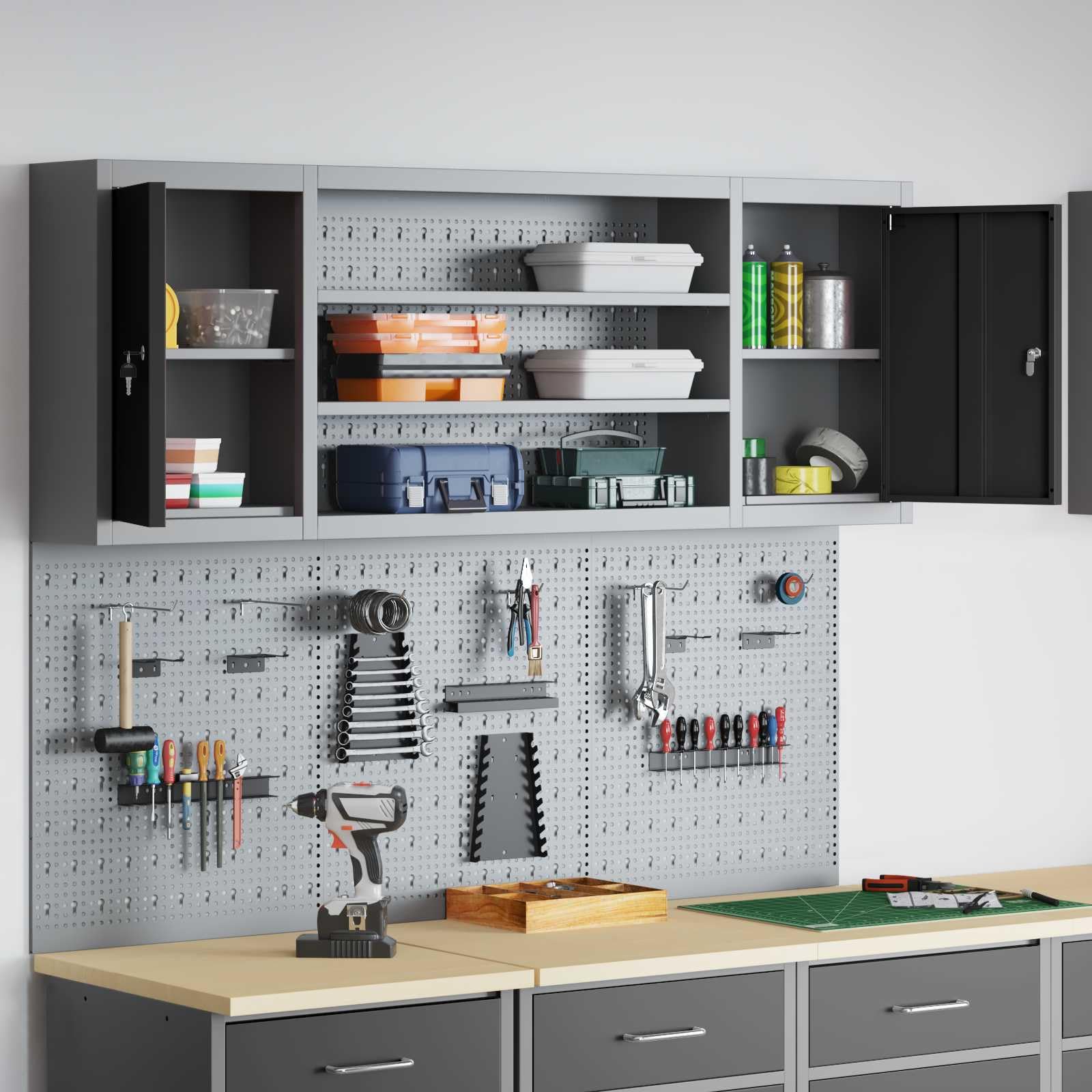 Werkzeugschrank Set 6-teilig Schwarz pulverbeschichteter Stahl mit Lochplatte wandmontierbar für Werkstatt Garage Keller, platzsparend, griffbereit, Organizer und Aufbewahrung