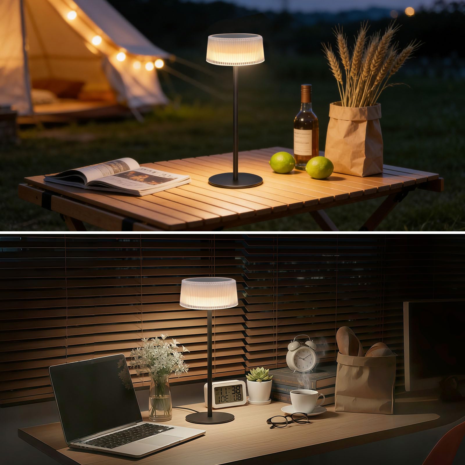 Lot de 2 Lampe de Table Sans Fil, Lampe de Table Extérieure Etanche, Lampe de Bureau LED Tactile avec 3 Couleurs d’Éclairage et Gradation Continue, pour Intérieur et Extérieur