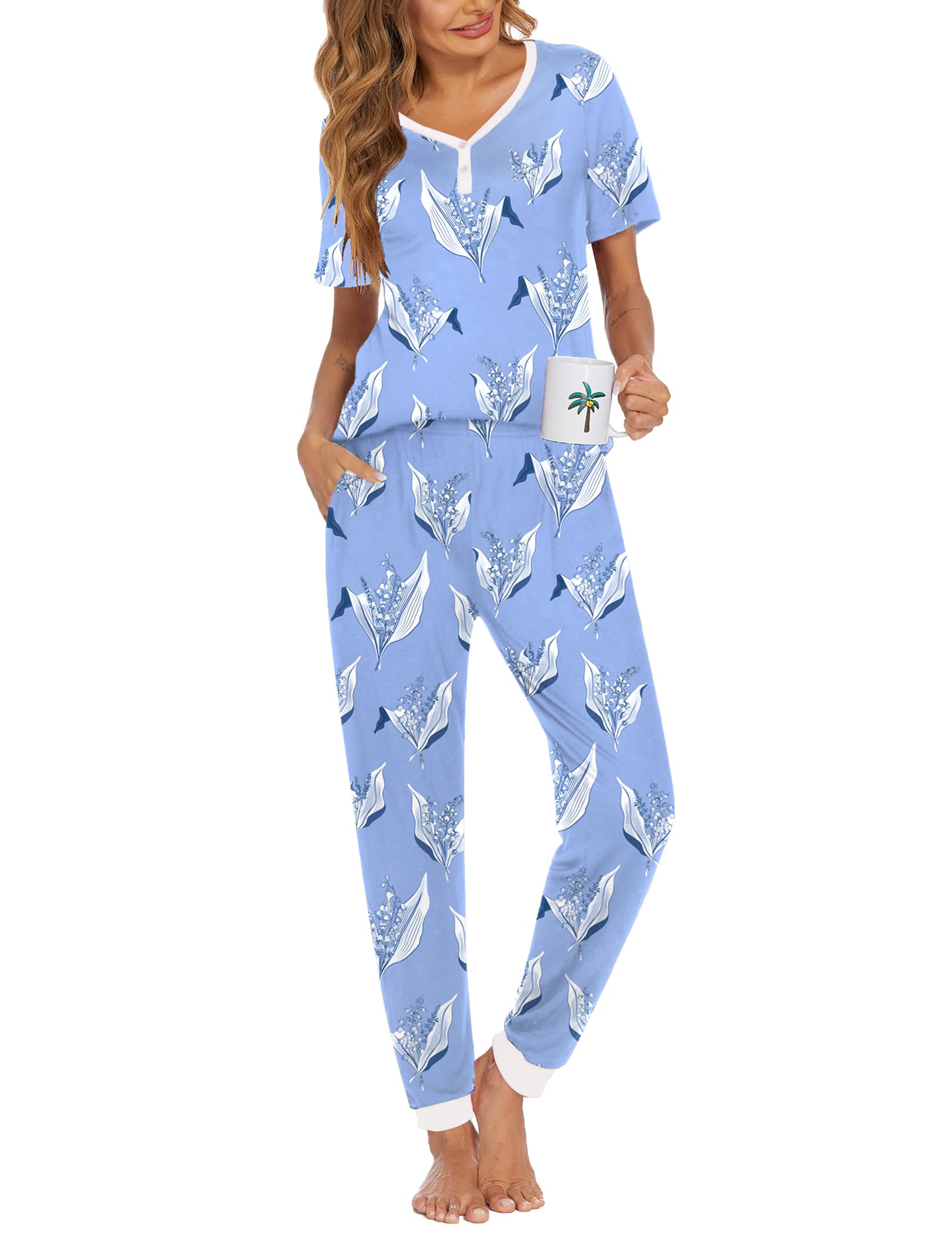 Ekouaer Pajamas for Women Set 2 Piece Short Sleeve Fall Pjs with Pockets