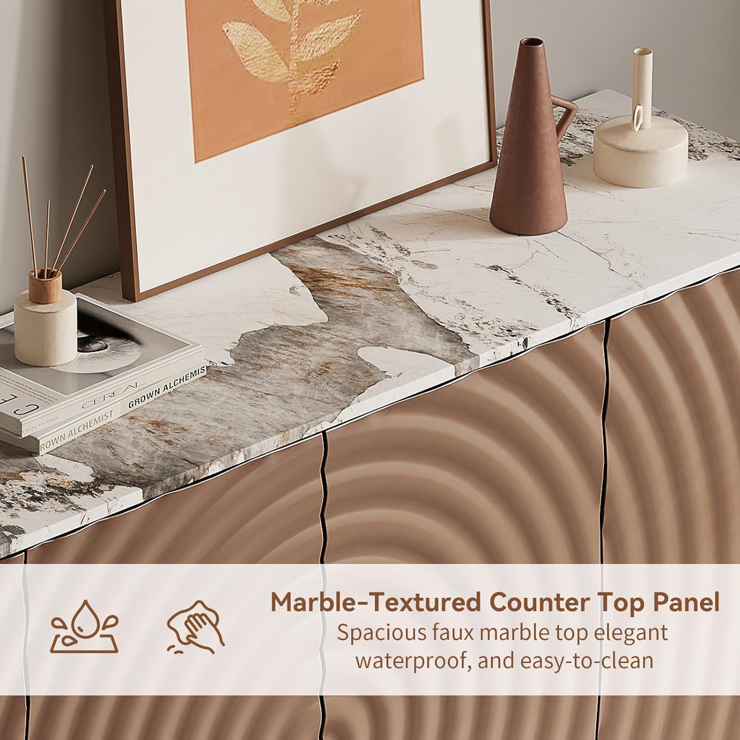 4 Door Modern Sideboard Buffet Cabinet, Accent Water Ripple Storage Sideboard Cabinet Buffet Sideboard with Simulated Marble Textured Countertop for Kitchen & Living Room