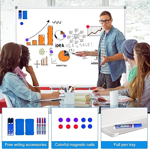 Miniatura 4 de Pizarra blanca móvil sobre ruedas de 60 x 40 pulgadas, pizarra blanca grande de doble cara con soporte, pizarra blanca magnética con soporte,