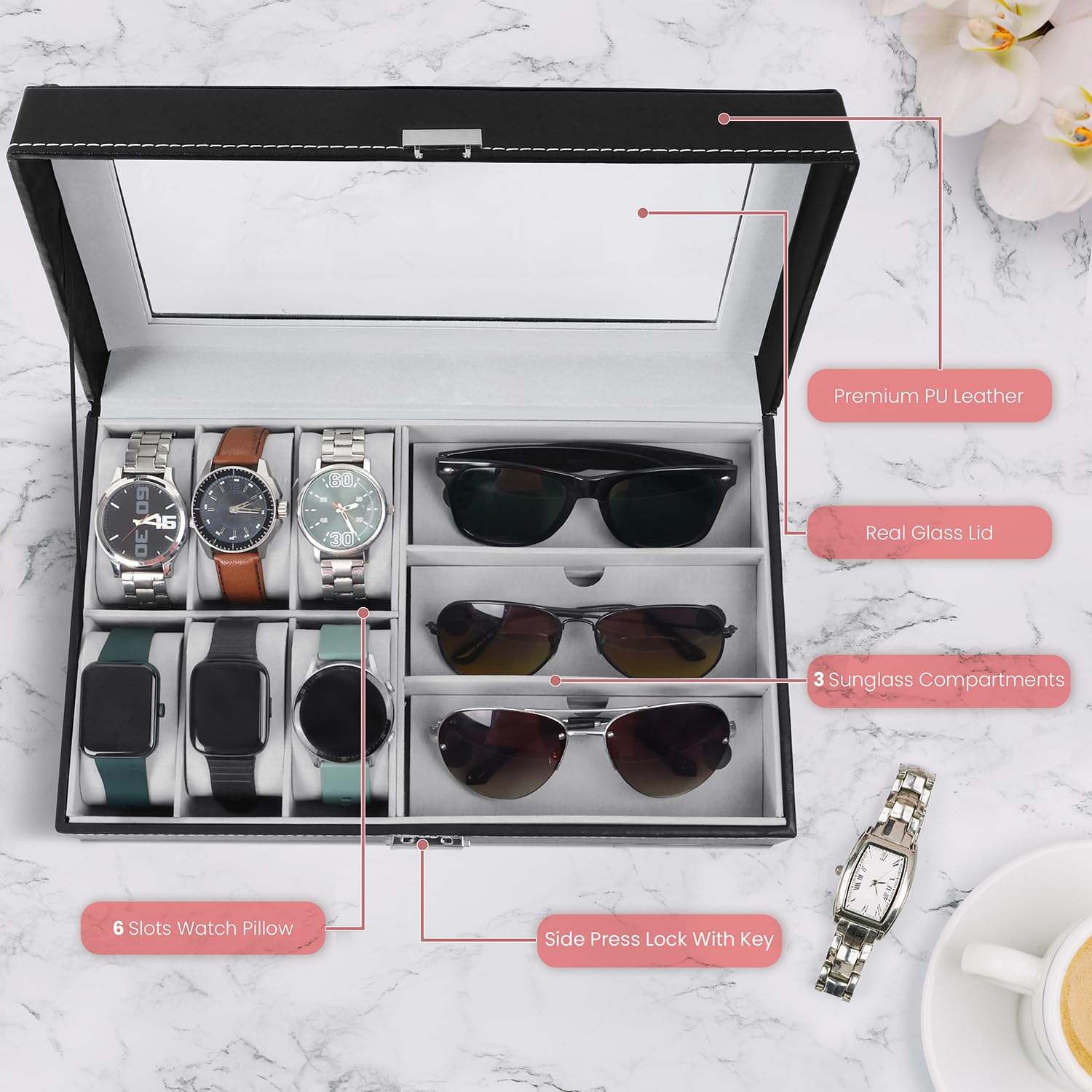 ABOUT SPACE Watch Box - PU Leather Watch Organizer Case & Sunglass Box for Men & Women with Press Lock & Key, 6 Removable Watch Slots & 3 Sunglass Slots with Clear Display (Black-D 33 X W 20 x H 8 cm) 1