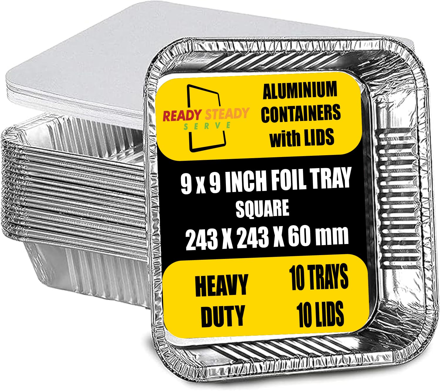 9x9 Inch Disposable Aluminium Foil Trays with Lids - Deep & Durable Foil Baking Trays for Cooking, Freezing, Serving, Potlucks, BBQs, Catering, & Meal Prep - Reusable Tin Foil Containers - Pack of 10