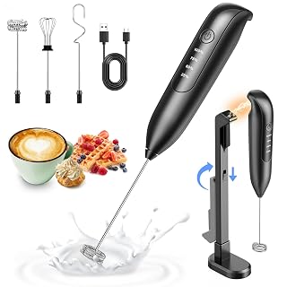 Electric Milk Frother Handheld: coffee frother rechargeable ๐ ๐ข๐ง ๐ - LED Display, Adjustable Wireless Charging - 3 Speeds, Stainless Steel Whisk for Latte, Cappuccino - Bright Black - Amazon product rated Grade B