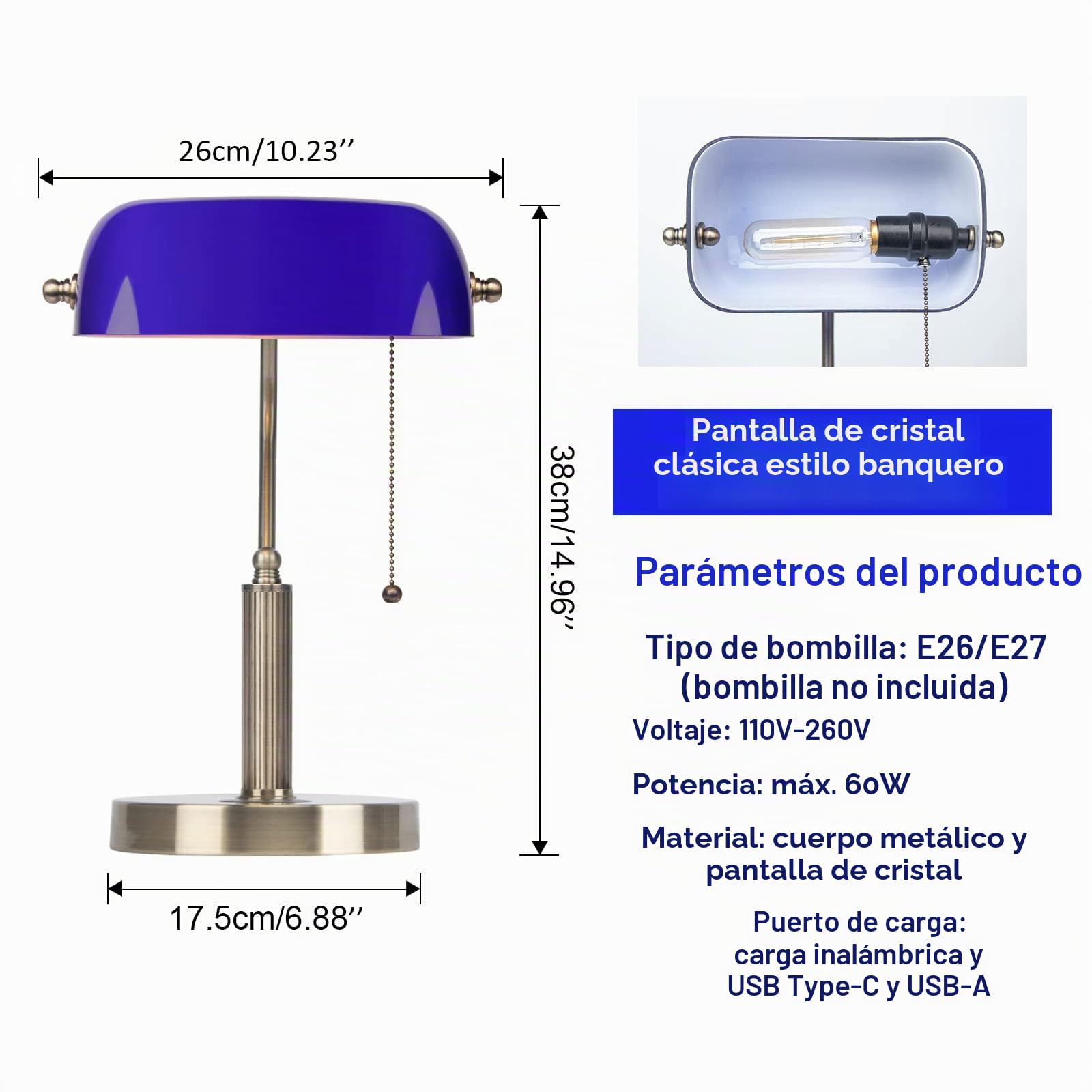 FIRVRE Azul Lámpara de Escritorio de Vidrio E27 Lámpara de Mesa Clásica con Puerto USB de Carga Inalámbrica Interruptor de Cadena de Latón Vintage Lámpara de Mesilla de Noche para el Hogar Oficina