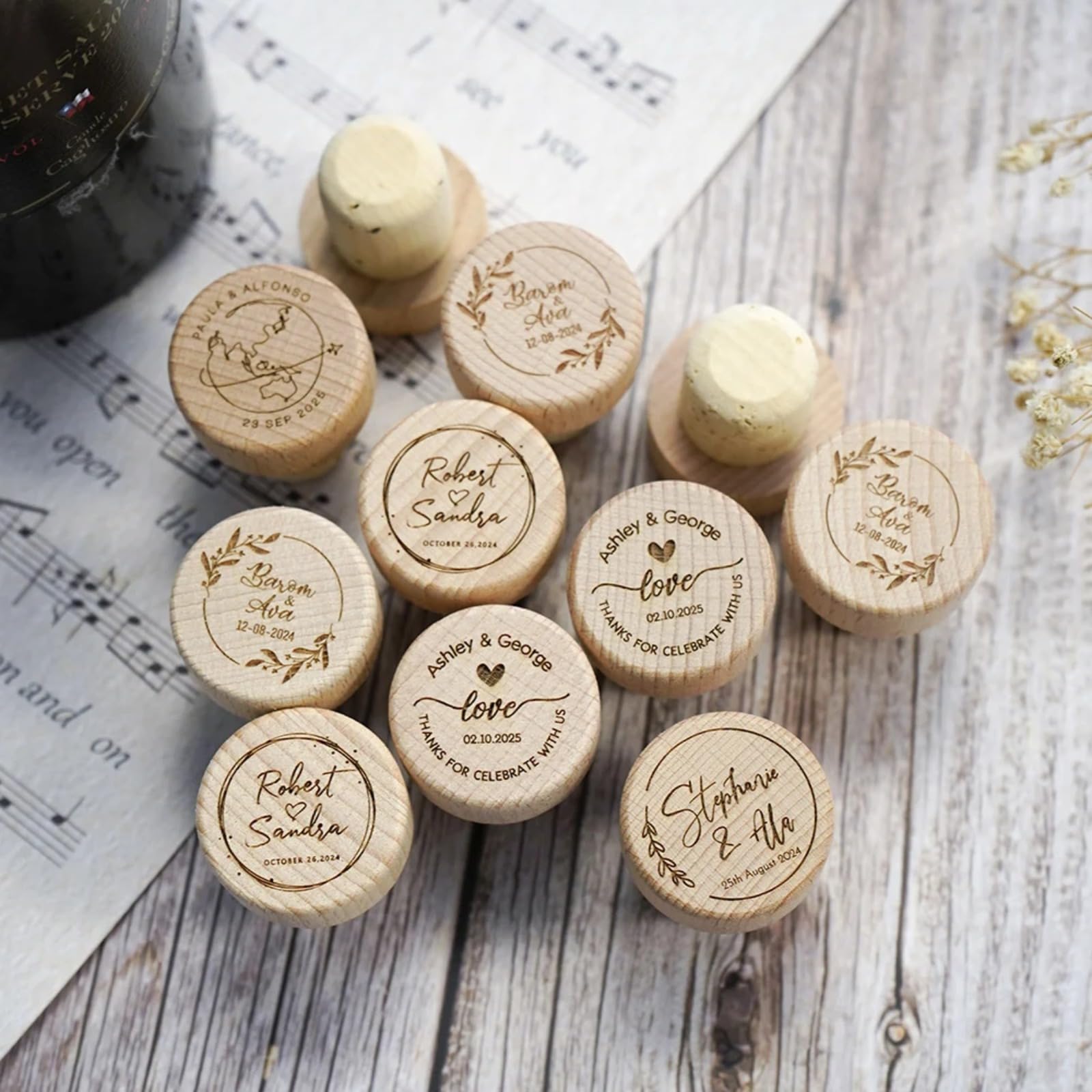 Tapones de corcho de vino de madera personalizados, tapón de corcho personalizado, ideas de fiesta de boda, recuerdos de agradecimiento para invitados, tapones de vino para boda (100 unidades)