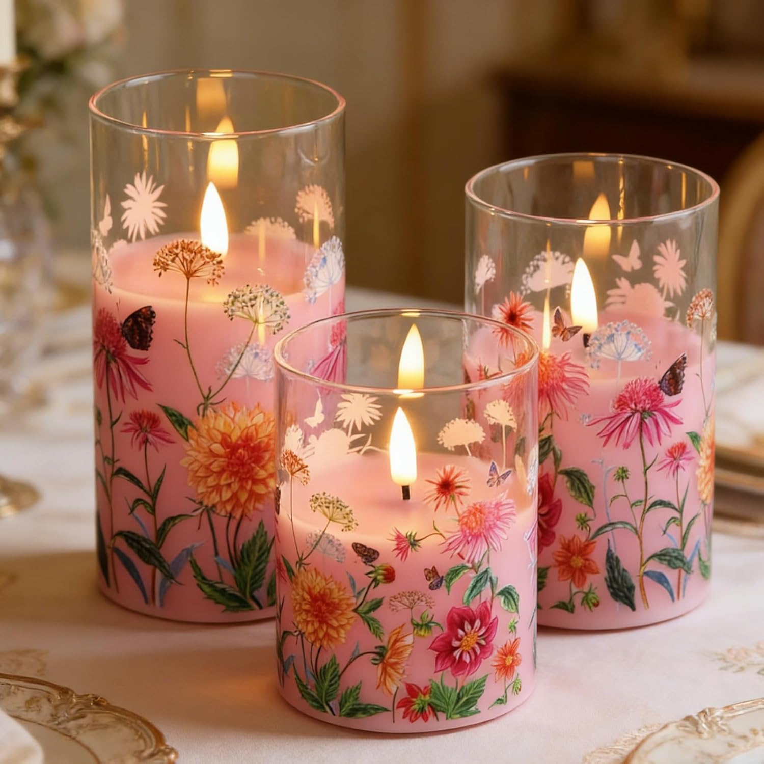 Pink Floral Glass Flameless Pillar Candles with Remote, Flickering Spring LED Battery Candles Home Decor Set of 3