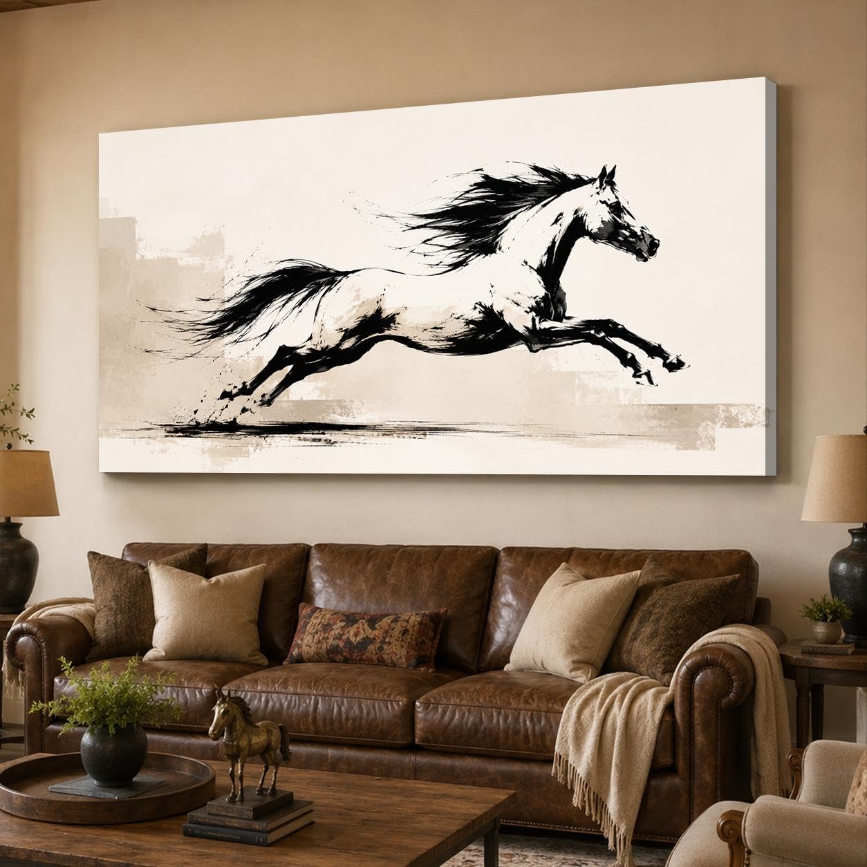 Condition photo showing New/Like New for cxvu extra large horse prints wall art, black and white running horses canvas decor, minimalist ink brush animal artwork for living room bedroom office 28x58