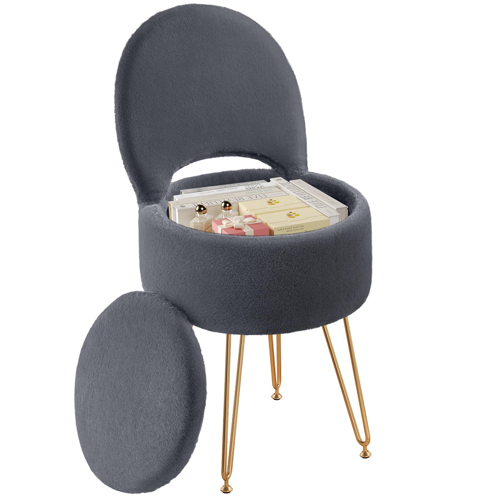 Rolanstar Tabouret de Coiffeuse en Velours avec Rangement Caché – Dossier Pliable Transformable en Repose-Pieds – Pouf de Maquillage Confortable pour Chambre ou Bureau (Gris, Grand)