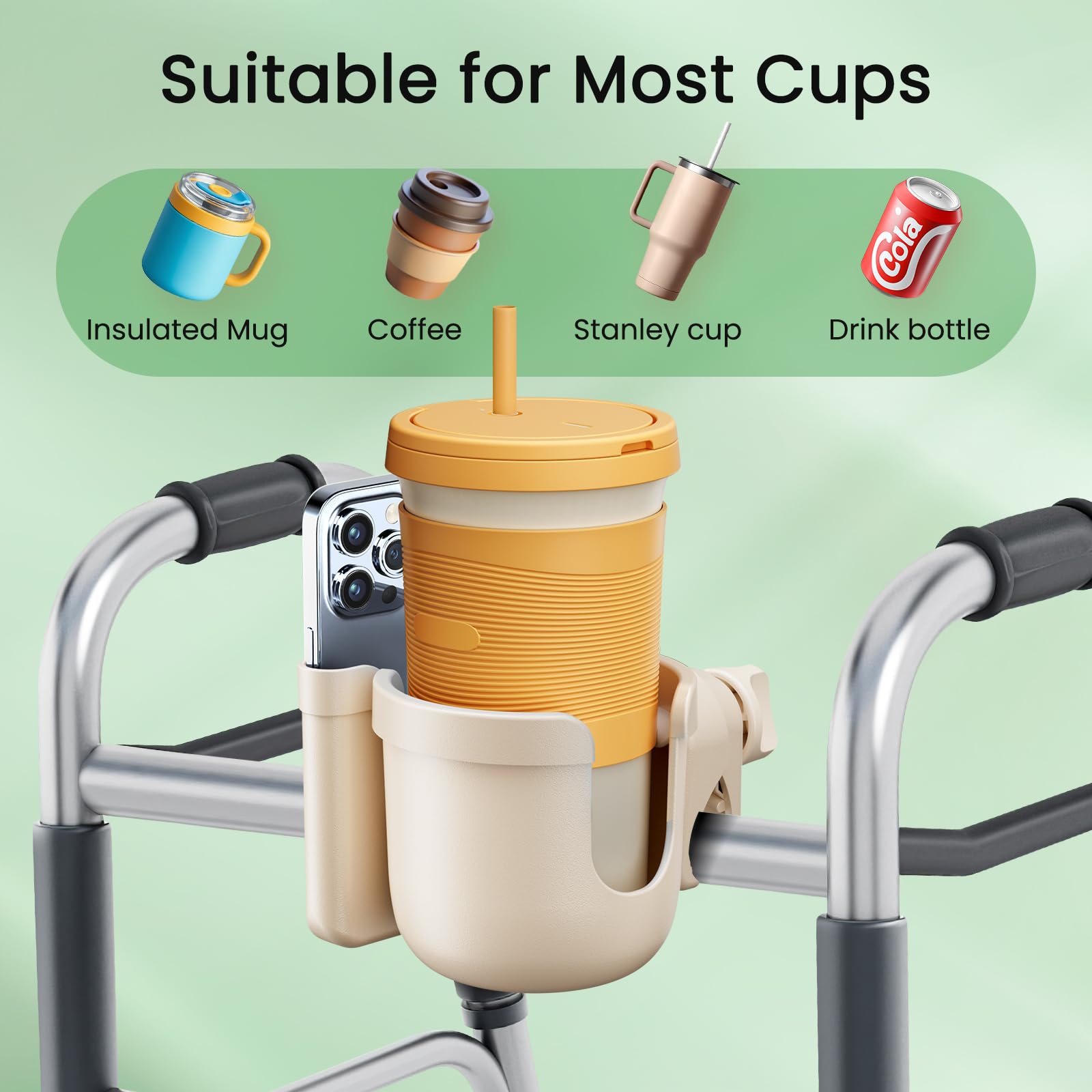 Guiseapue Wheelchair Cup Holder: Universal Cup Holder with Phone Holder - Image 2