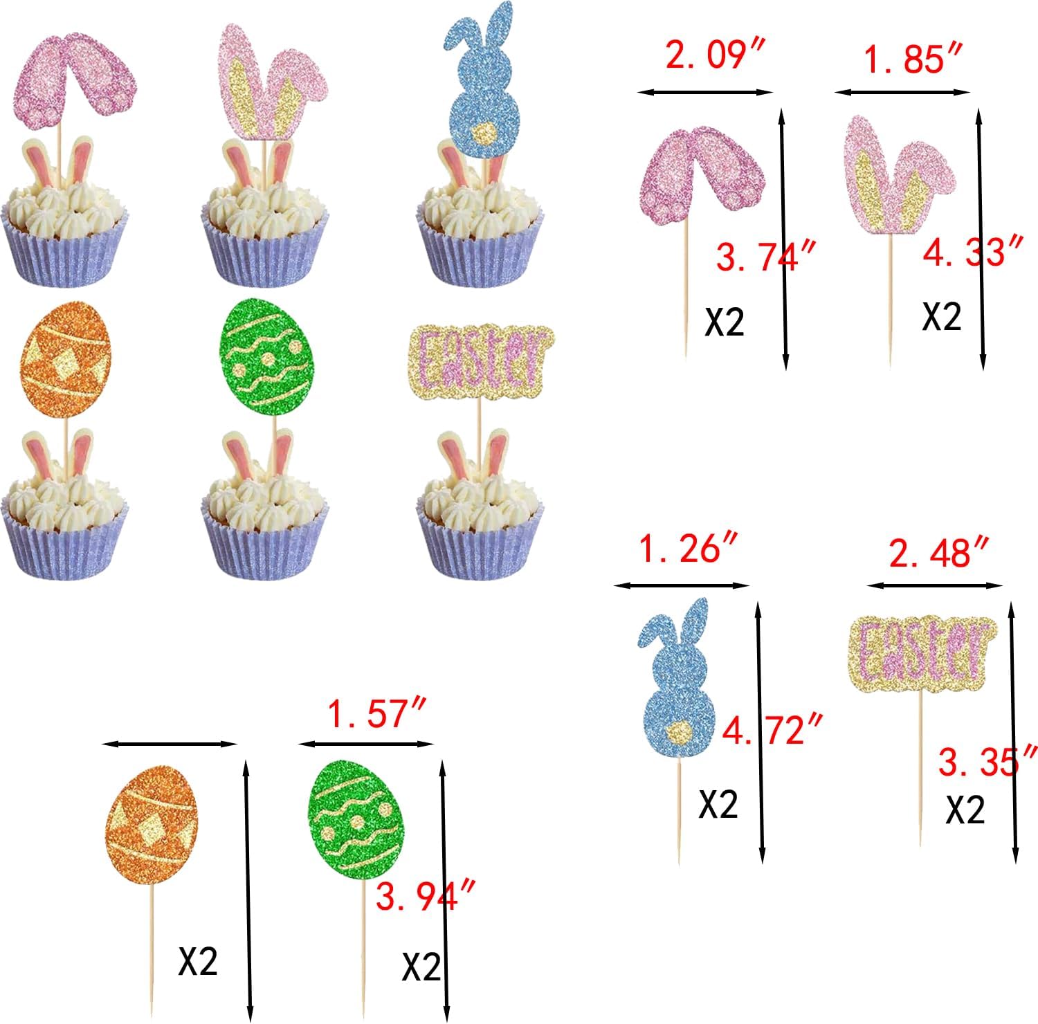 36 pcs Easter Cupcake Toppers,Glitter Bunny Ear Rabbit Egg for Easter Day Theme Baby Shower Birthday Party Supplies