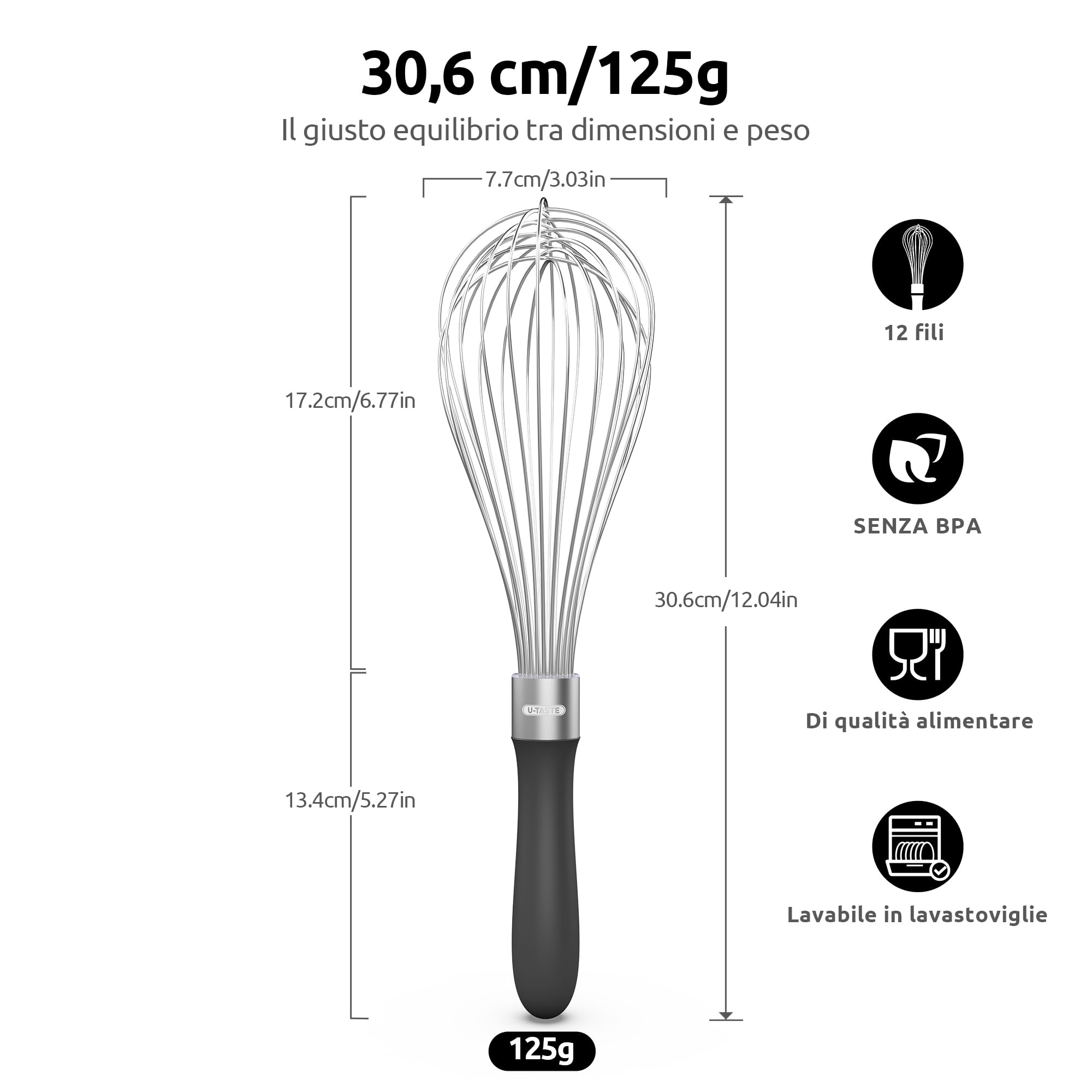 U-Taste Frusta da Cucina: 30 cm Grande Frusta a Palloncino in Acciaio Inox 18/10, con 12 Fili Altamente Flessibili e Manico in Silicone per Battere, Mescolare Impasti e Creme (Nero)