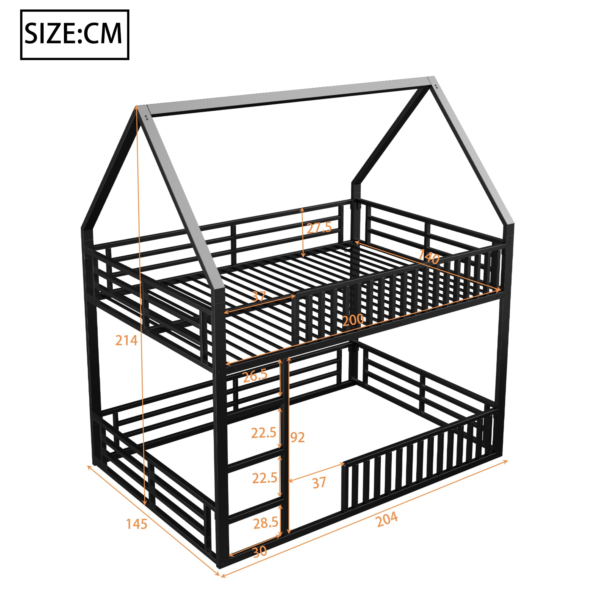 łóżko piętrowe czarne podwójne łóżko 140 x 200 cm antresola z litego metalu i stali z dachem ogrodzeniem dolna przestrzeń sypialnia młodzież studencka