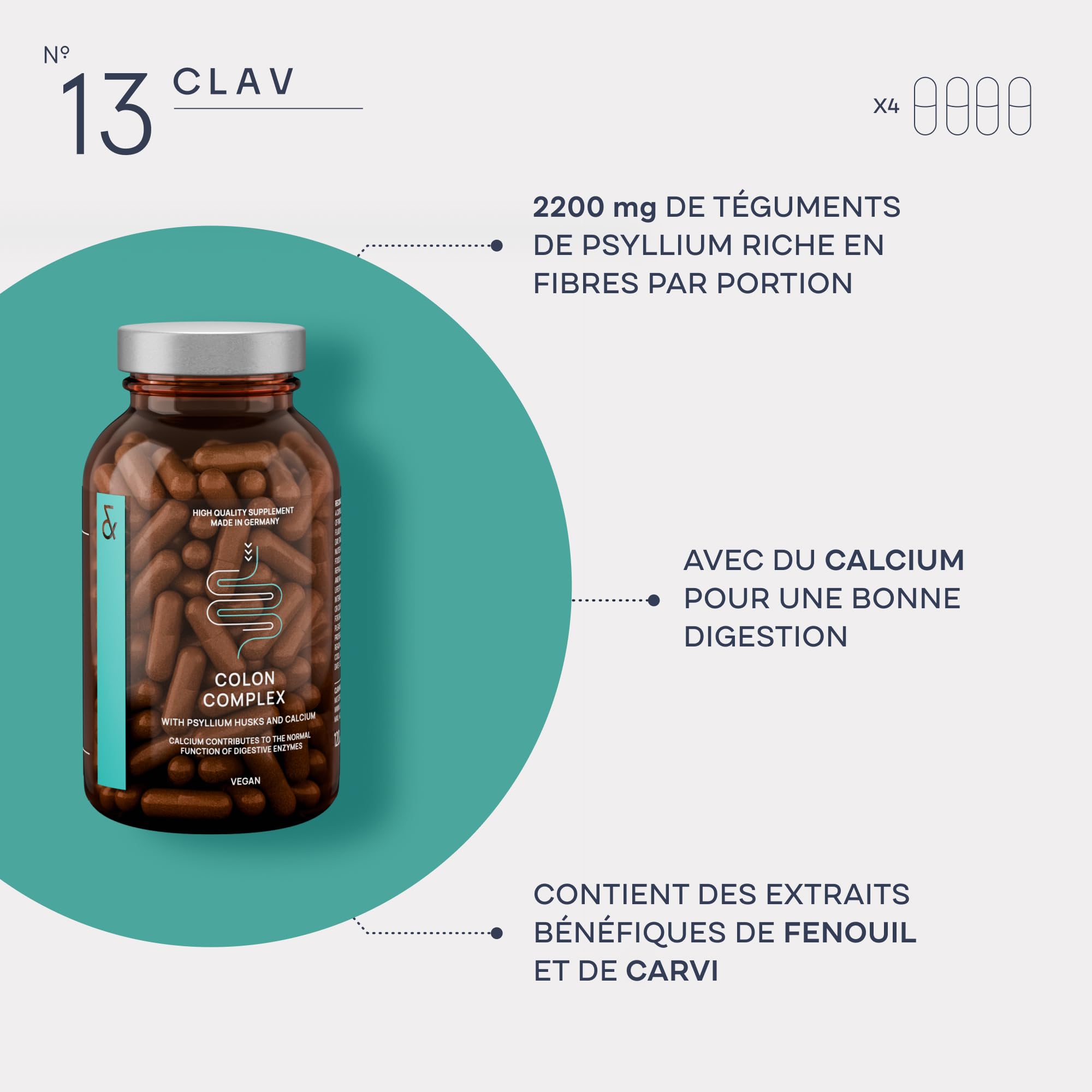 Psyllium Colon Complex - 2200mg Psyllium Blond par jour - Digestic Formule avec Calcium et Extrait de Cumin et de Fenouil - Digestion,Transit, Constipation, Confort Digestif - 120 Psyllium Gelules