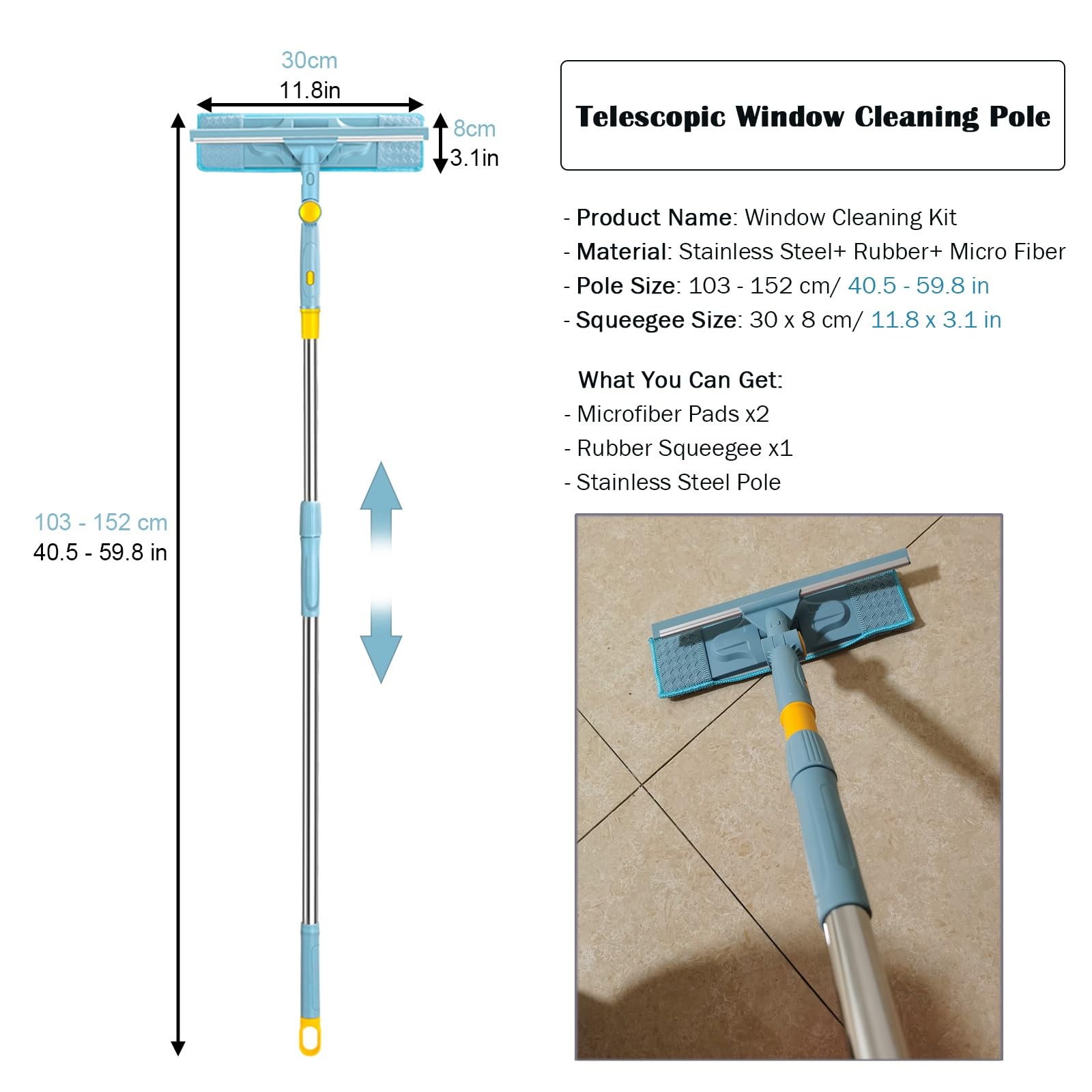 Kit de limpieza de ventanas extensibles, 180 esquejillas y depurador giratorios, poste telescópico 40-60 pulgadas para vidrio de coche de ducha casera, herramienta de limpieza sin rayas con almohadill