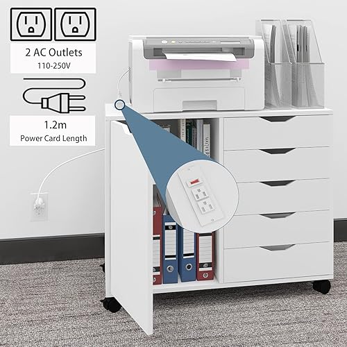 Miniatura 3 de PUNCIA Armarios de almacenamiento de archivos de madera móviles de 5 cajones con tomas de corriente y puerta, archivador lateral para oficina en
