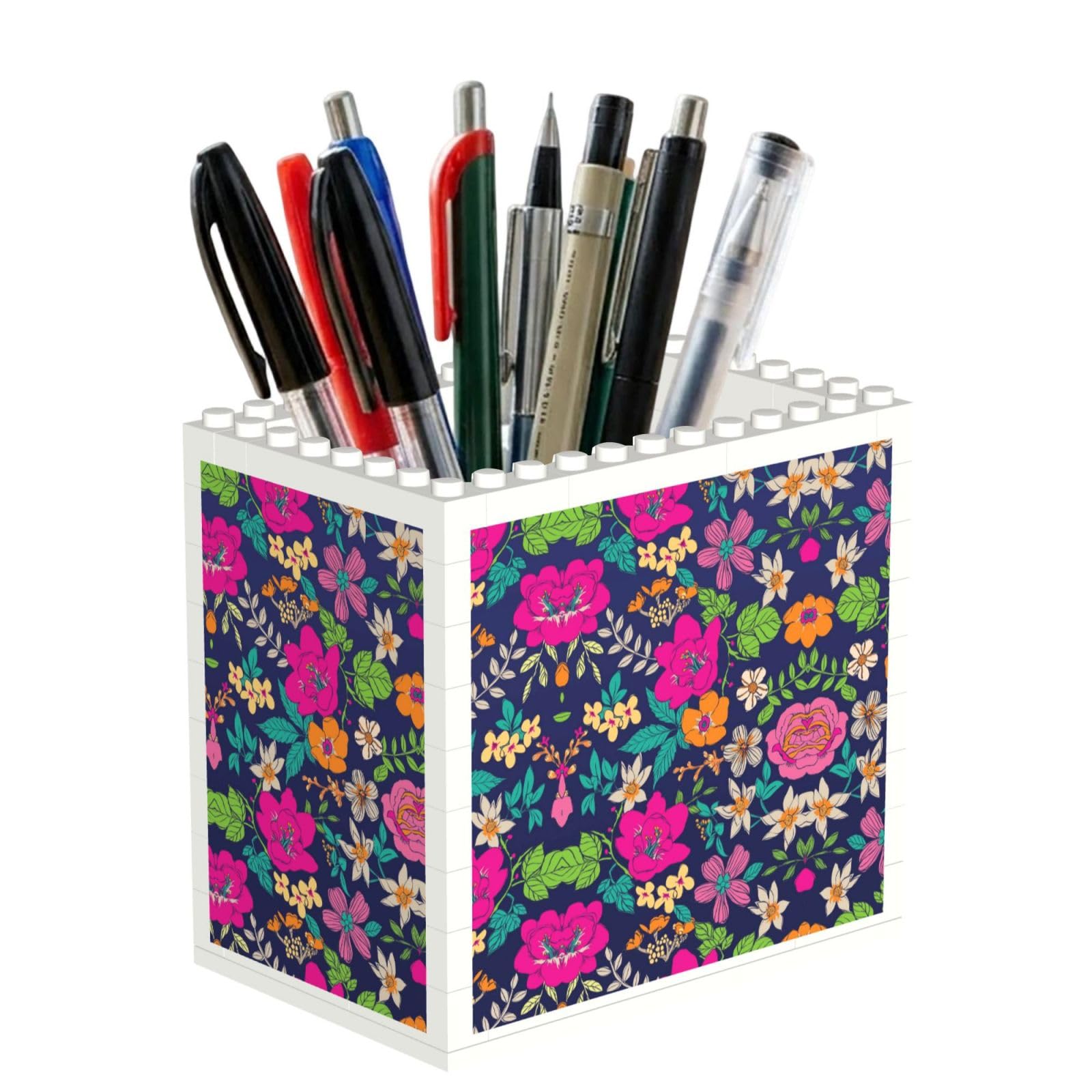 SATUSA Flowers Print Building Block Texture Pen Holder - Pencil Holder For Desk Pen Organizer,Aesthetic Desk Accessories For Women(1pcs)