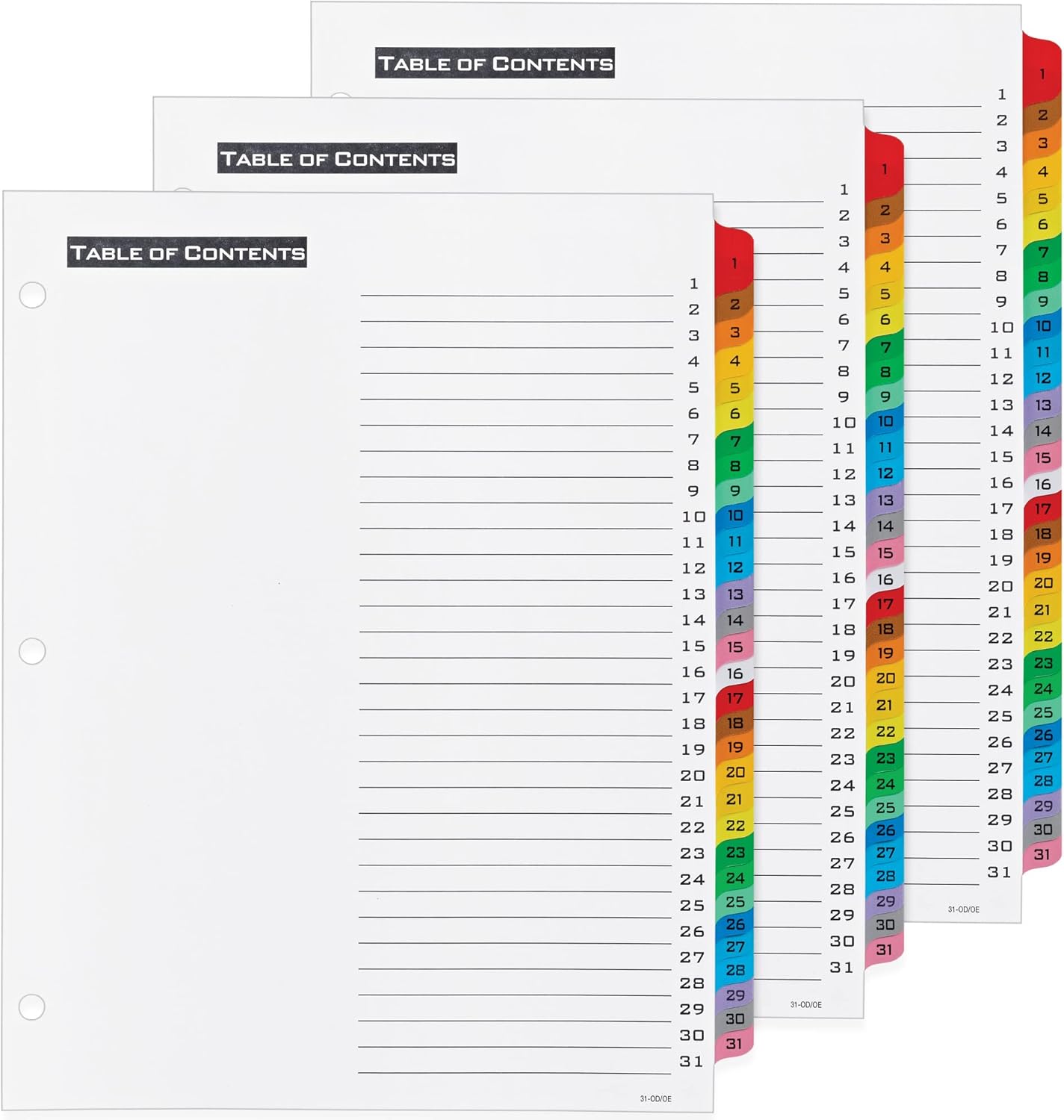 Office Essentials 1-31 Tab Table 'n Tabs Dividers for 3 Ring Binders, Printable Table of Contents, Multicolor Tabs, 3 Sets (21892)