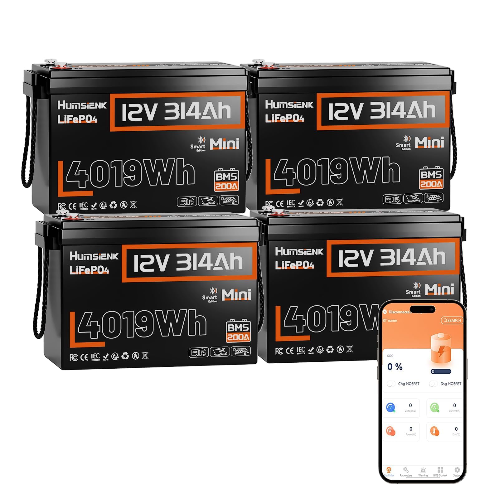 HumsiENK 4Pack 12V 300Ah (314Ah) Battery LiFePO4 Lithium Max. 4019Wh Energy